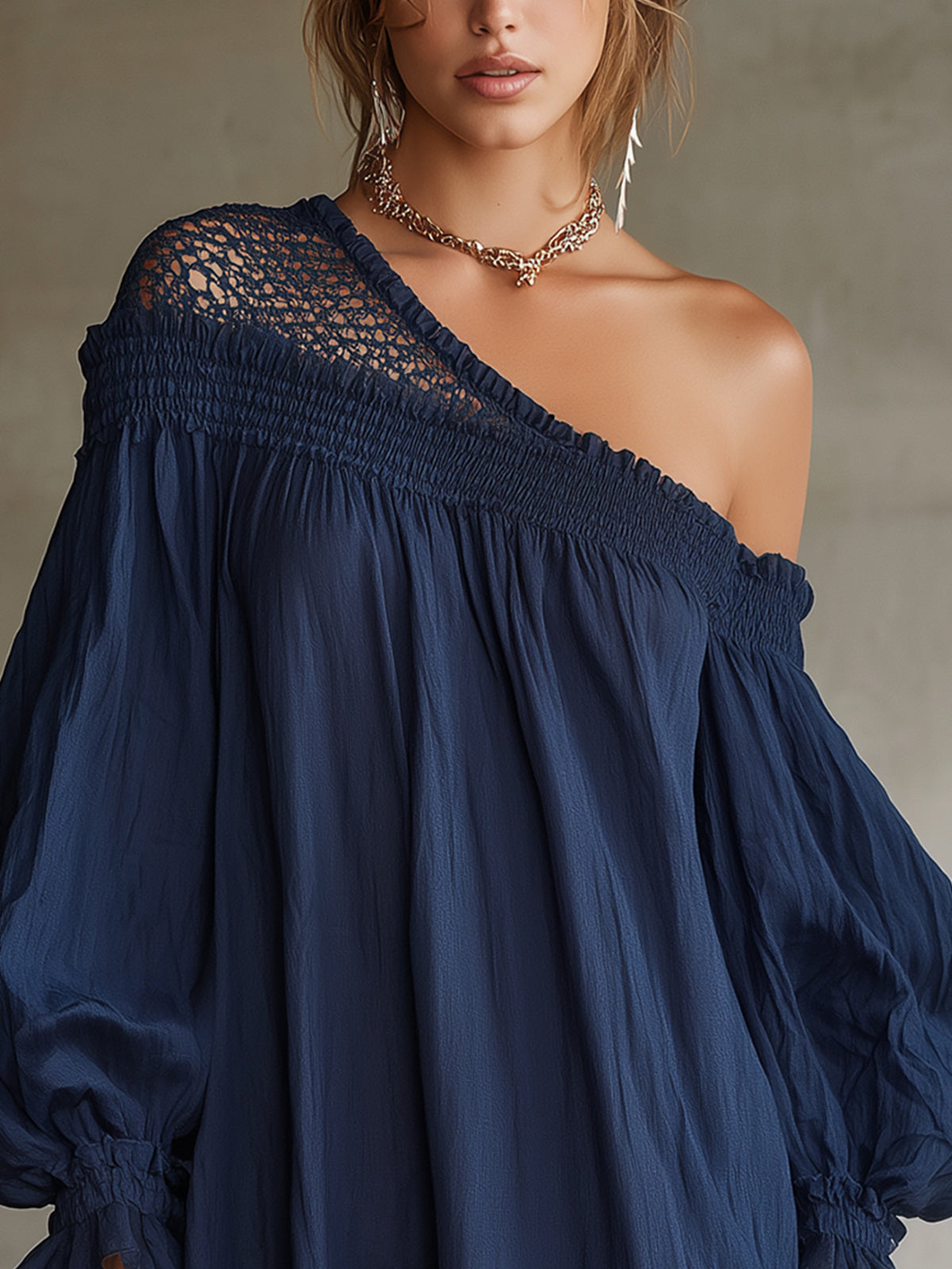 Navy One-Shoulder Lace Trim Mini Dress