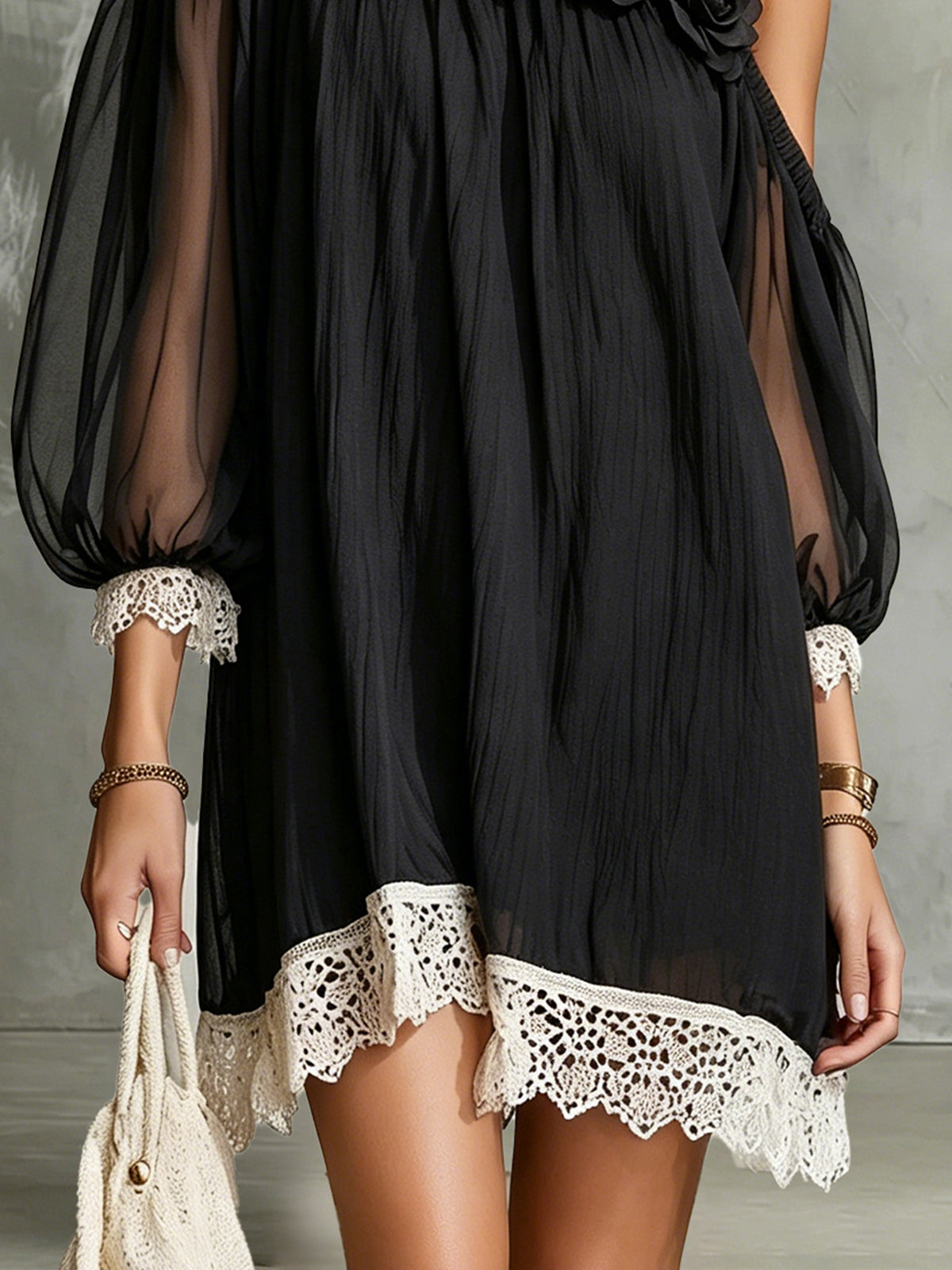 Black One-Shoulder Mini Dress With Floral Appliqué And Lace Hem