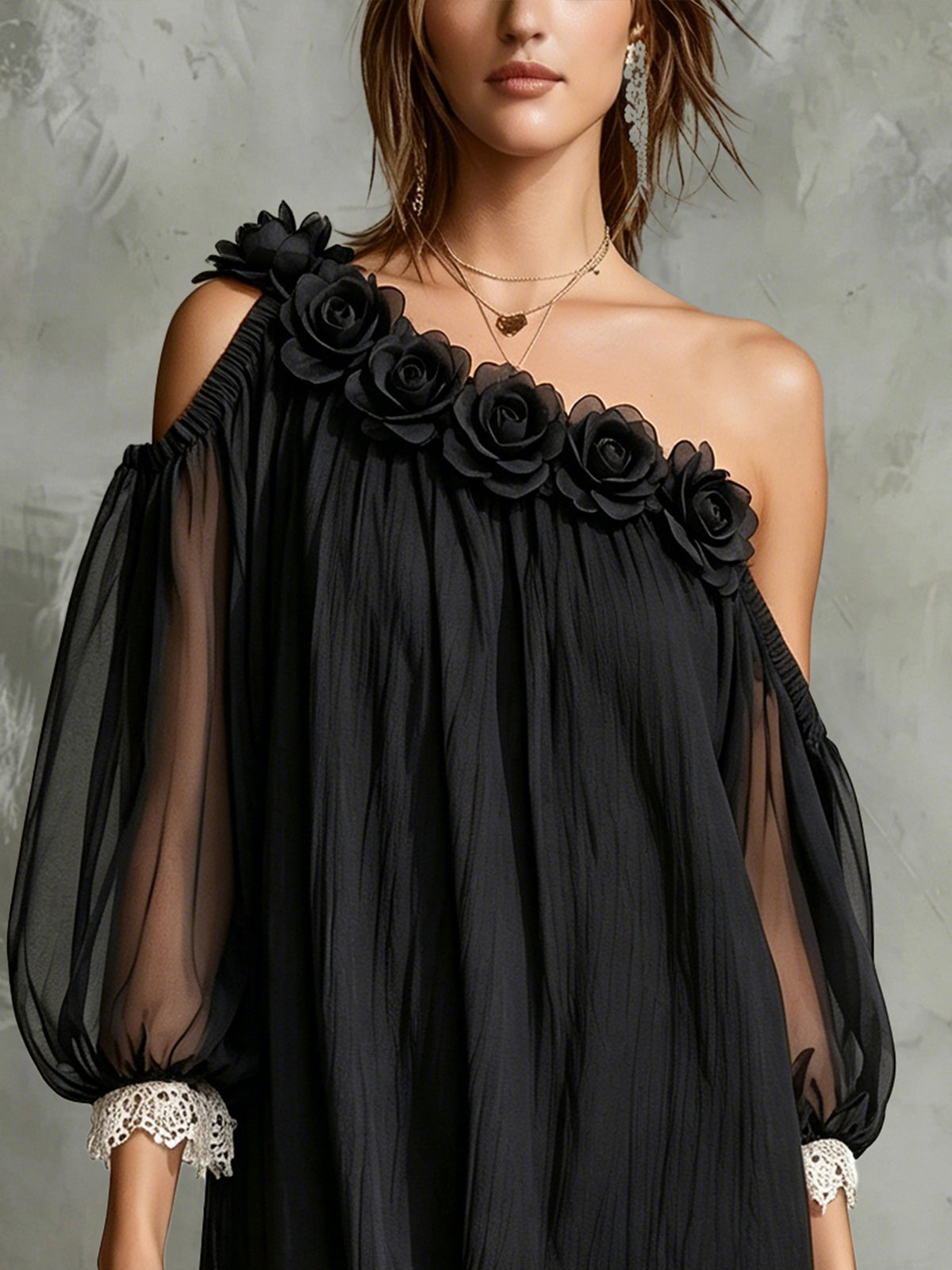 Black One-Shoulder Mini Dress With Floral Appliqué And Lace Hem