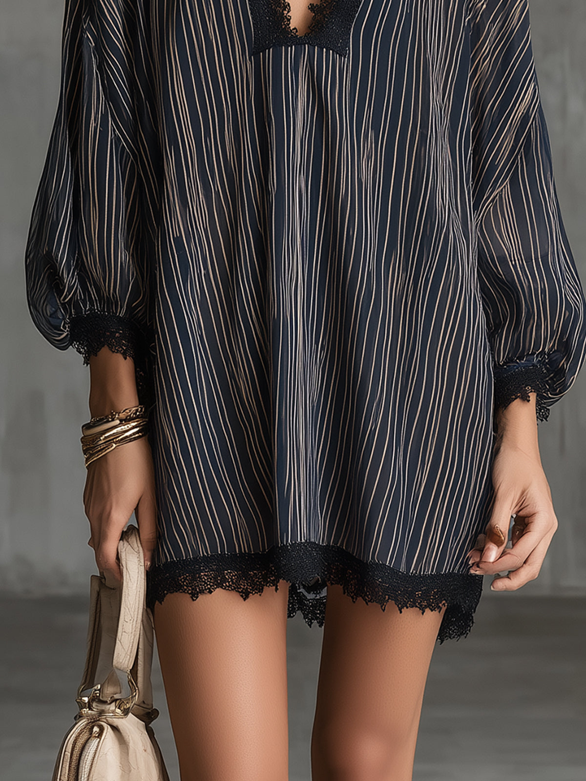 Triped Navy Mini Dress With Lace Trim