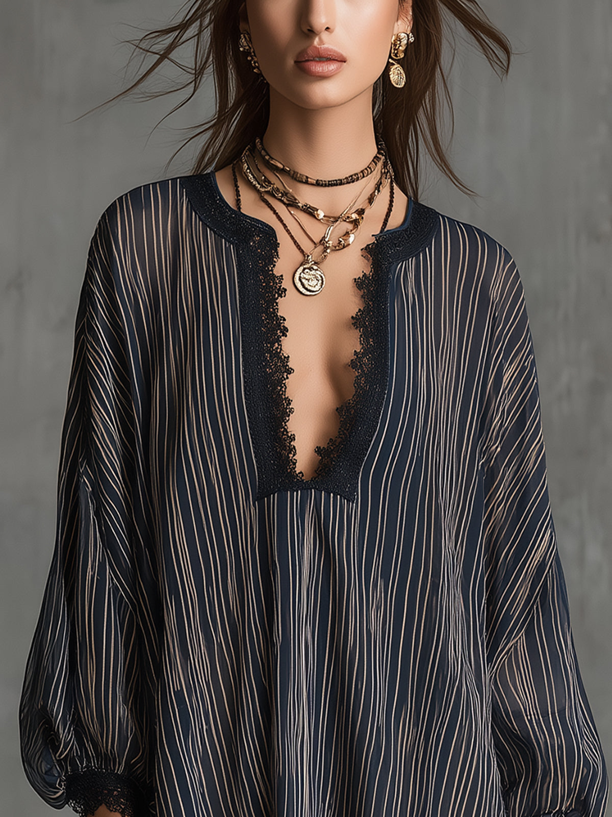 Triped Navy Mini Dress With Lace Trim