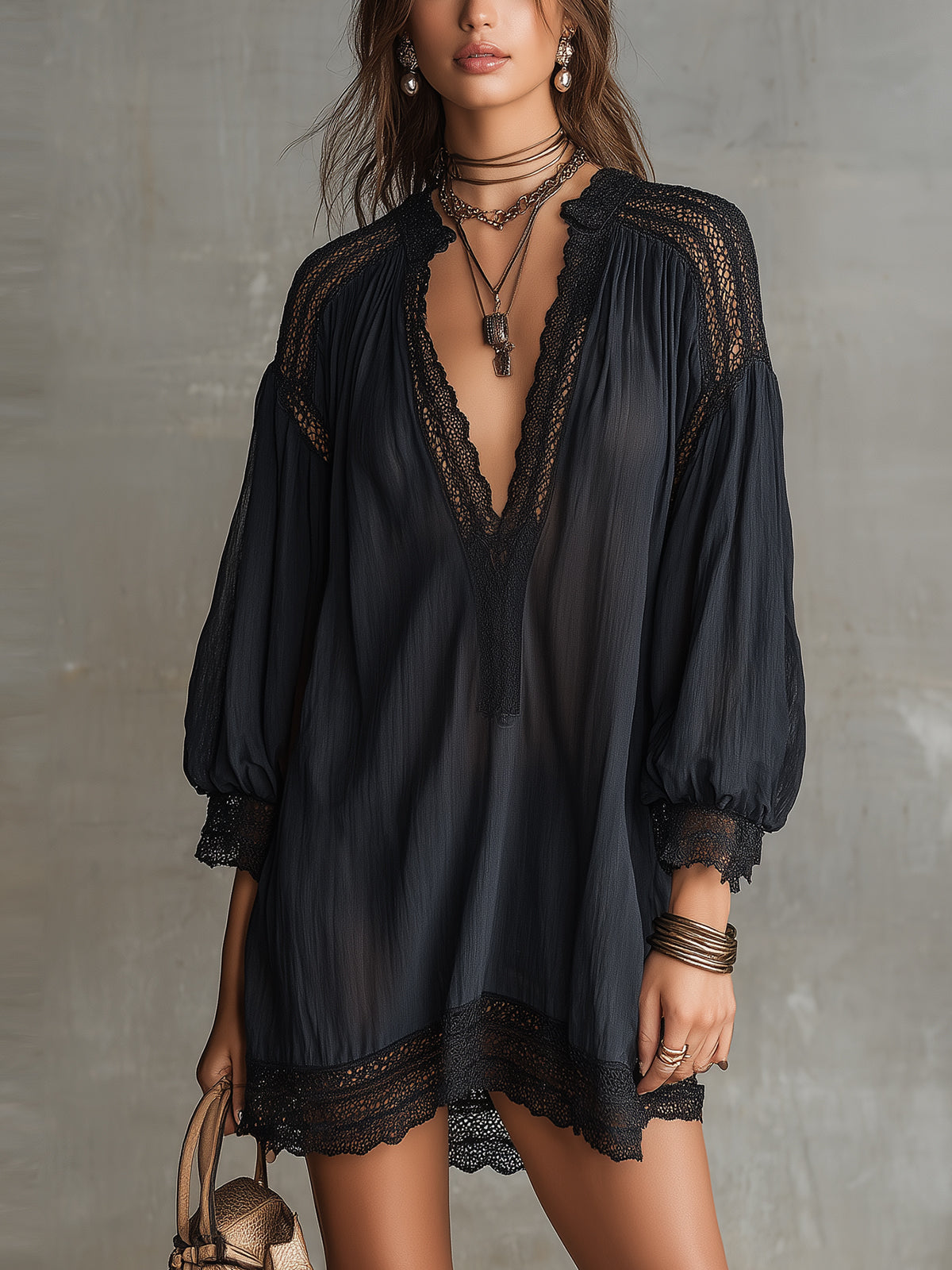Black Deep V-Neck Lace Panel Mini Dress