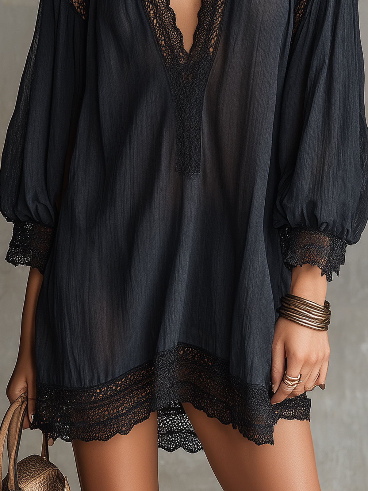 Black Deep V-Neck Lace Panel Mini Dress