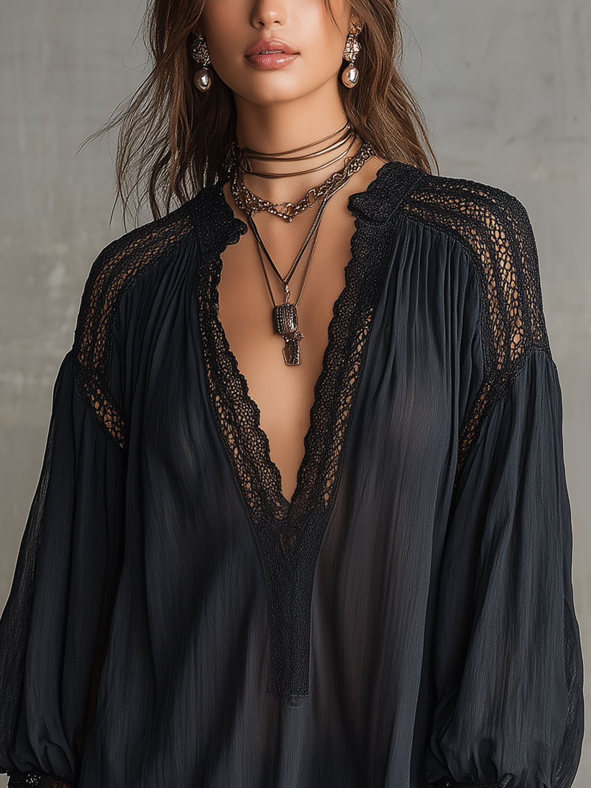 Black Deep V-Neck Lace Panel Mini Dress
