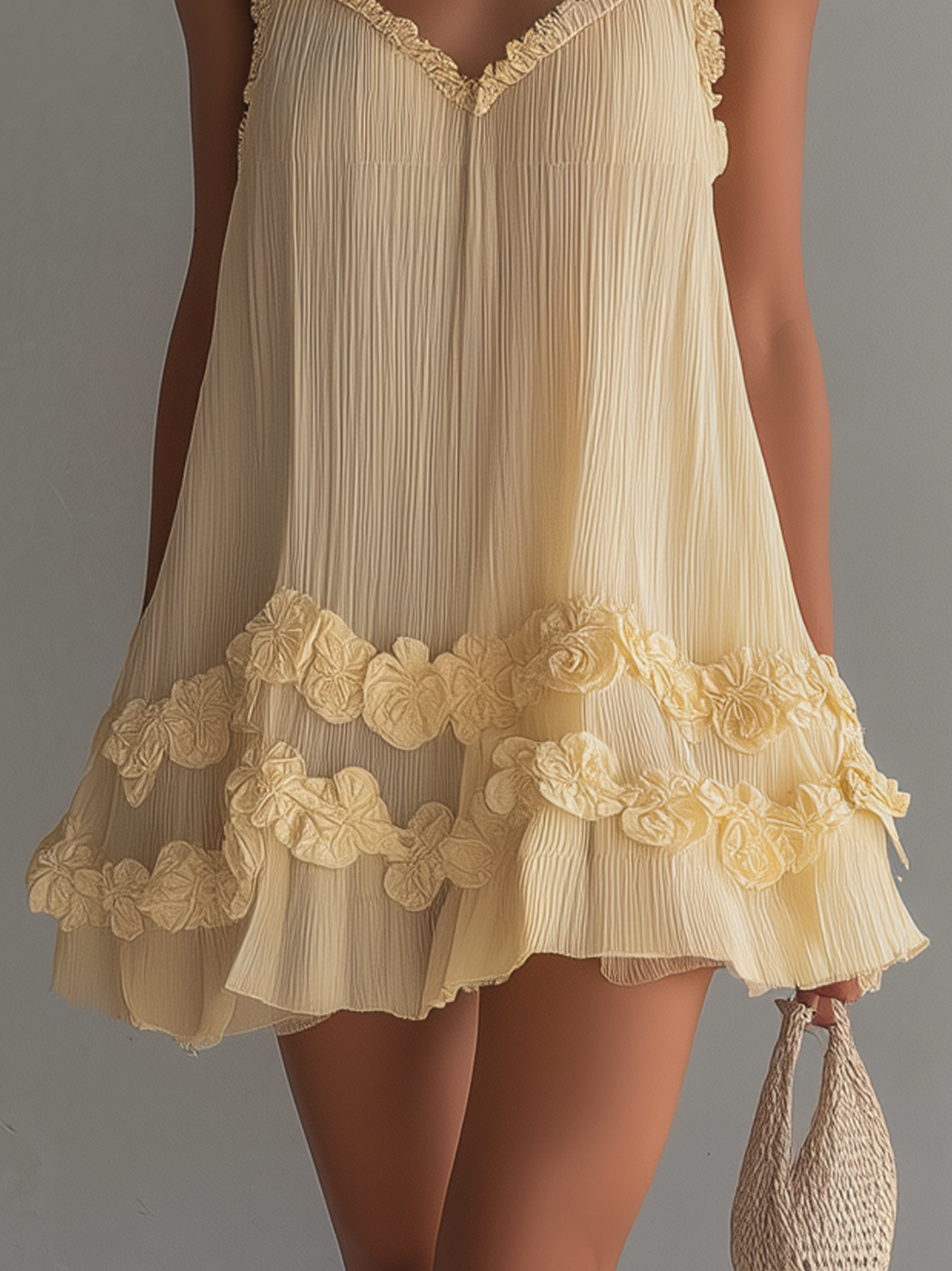 Pale Yellow Chiffon Mini Dress With 3D Floral Trim And Sleeveless