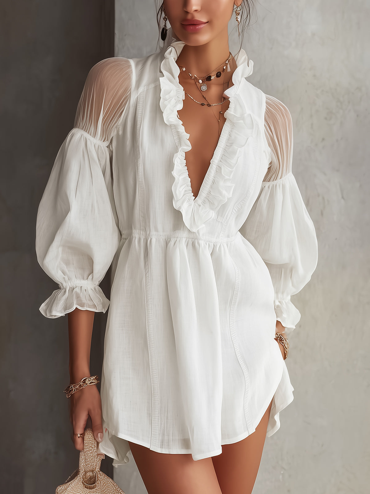 White Deep V-Neck Ruffled Mini Dress With Sheer Sleeves