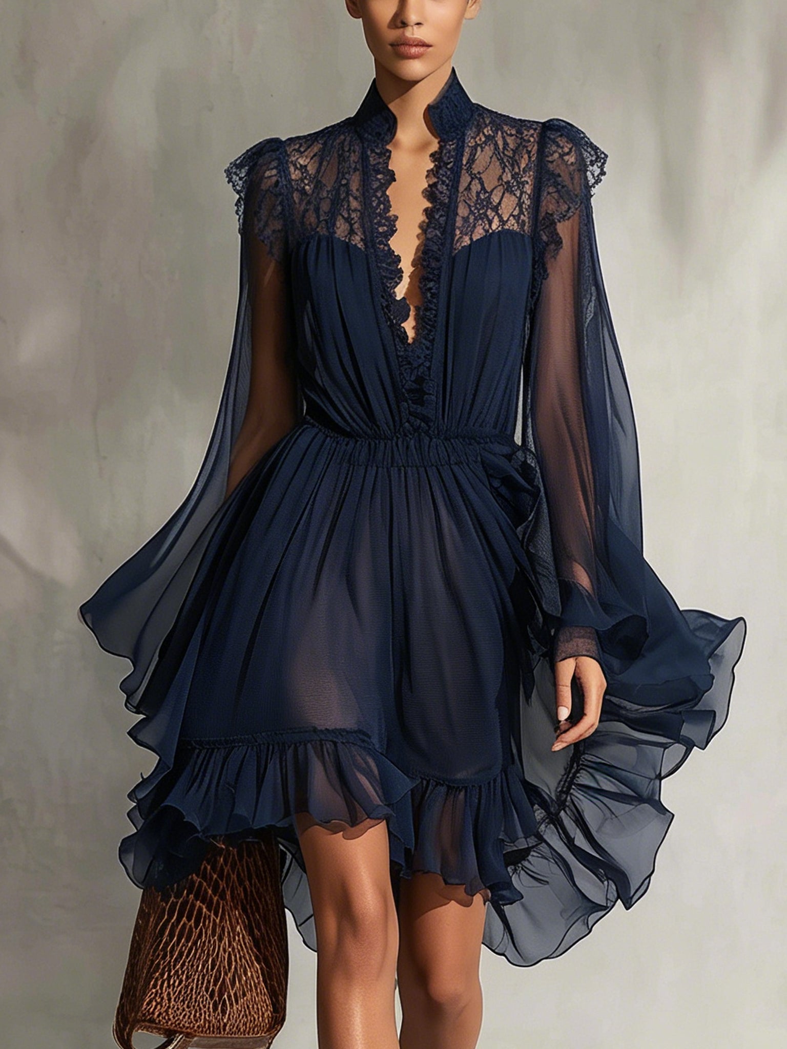Blue Lace Trim Chiffon Long Sleeve Mini Dress