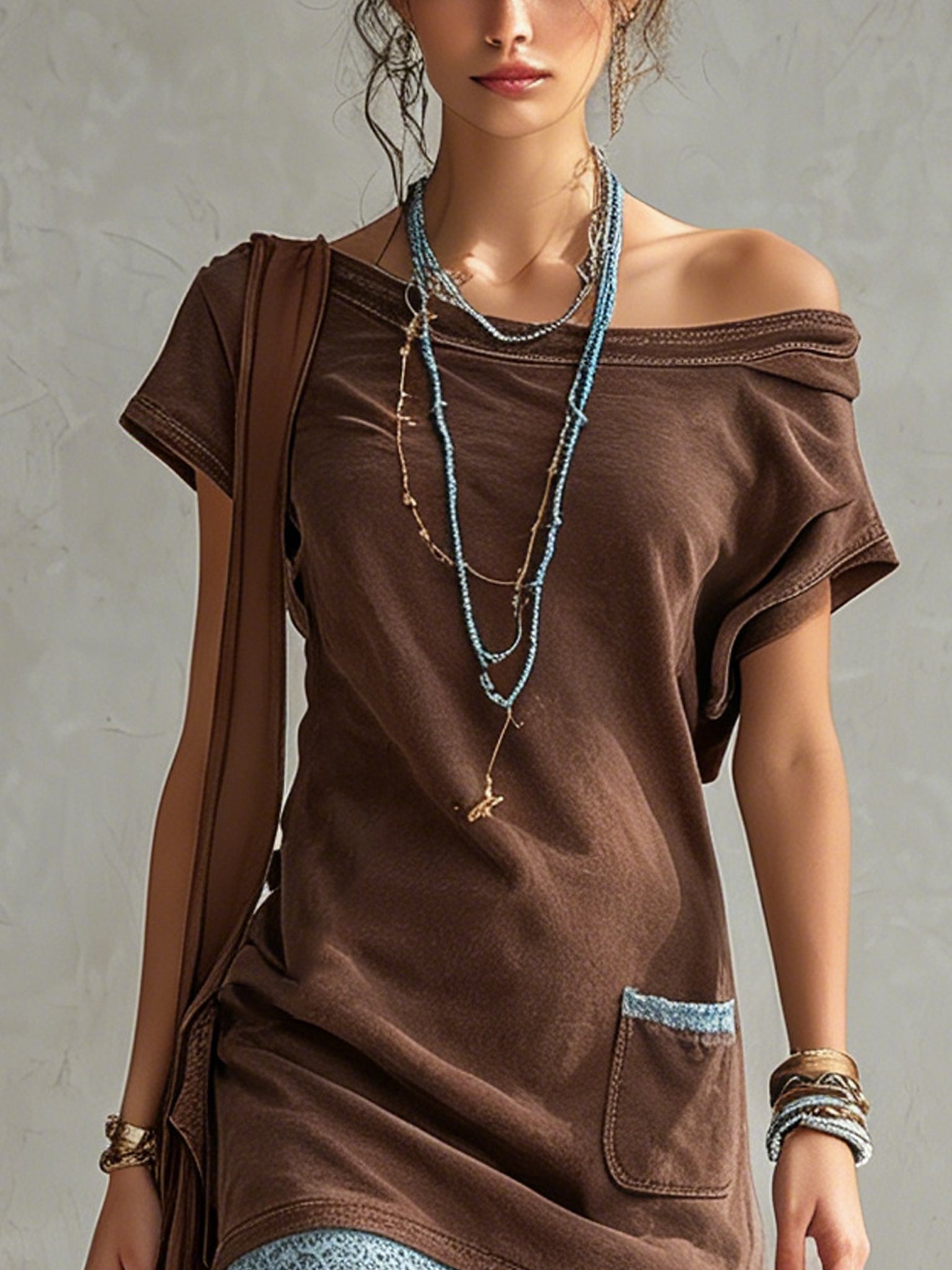 Brown Washed Cotton Short Sleeve Mini Dress