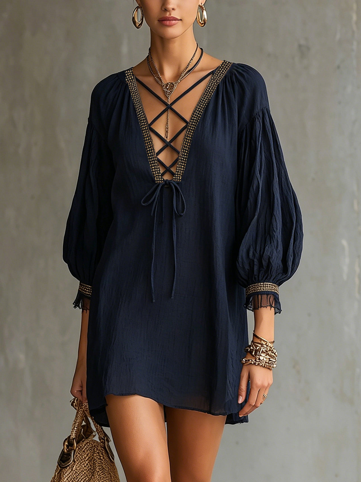Navy Long-Sleeve Mini Dress With Webbing Deep V-Neck