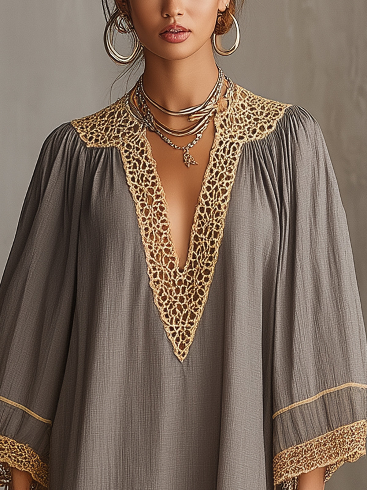 Gray V-Neck Mini Dress With Golden Crochet Trim