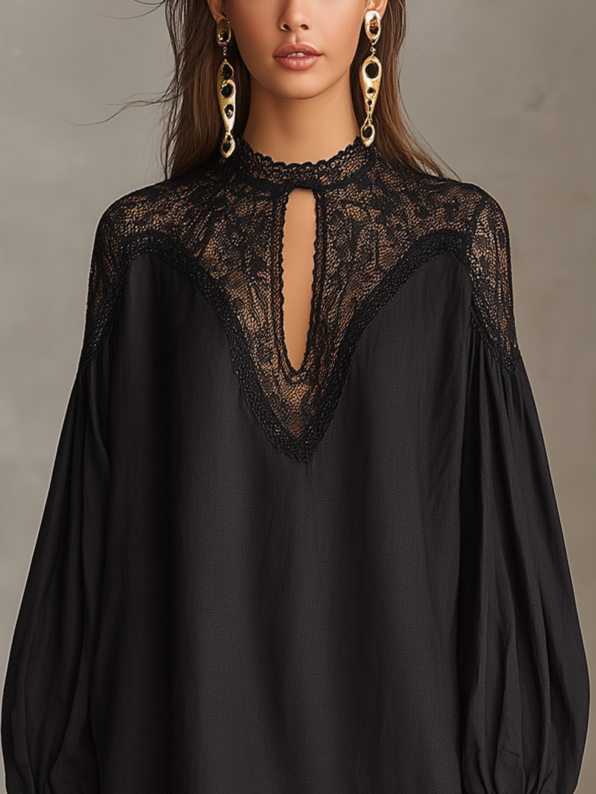 Black Lace High-Neck Mini Dress With Balloon Sleeves