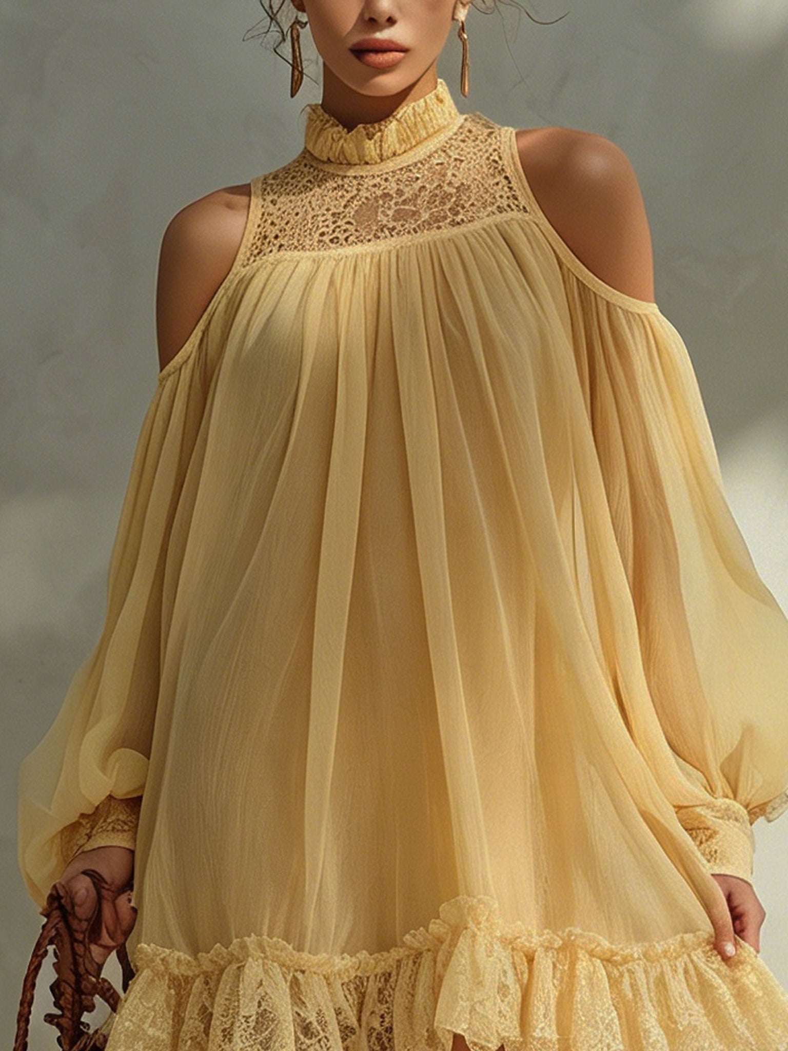 Lemon Chiffon  Mini Dress With Lace Hem