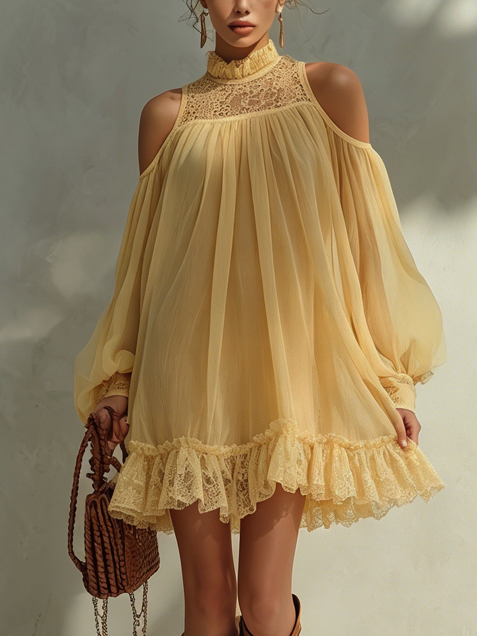 Lemon Chiffon  Mini Dress With Lace Hem