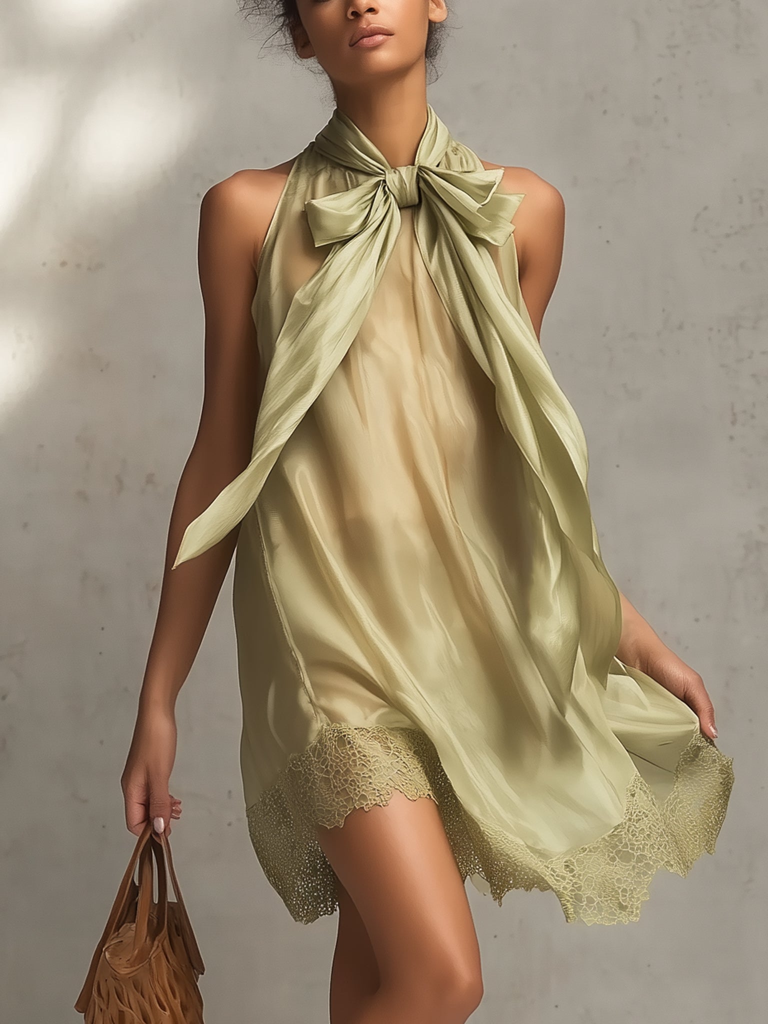 Sage Green Sleeveless Chiffon Tie Neck Mini Dress