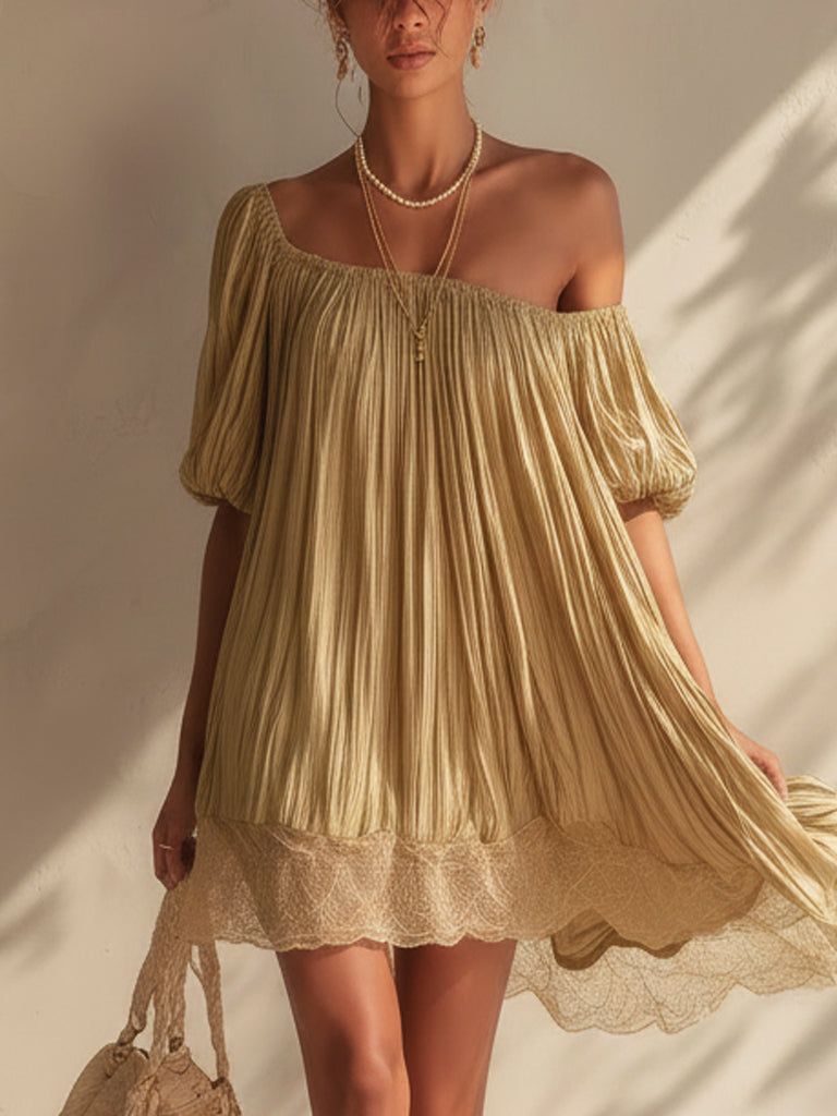 Champagne Pleated Lace Hem Mini Dress