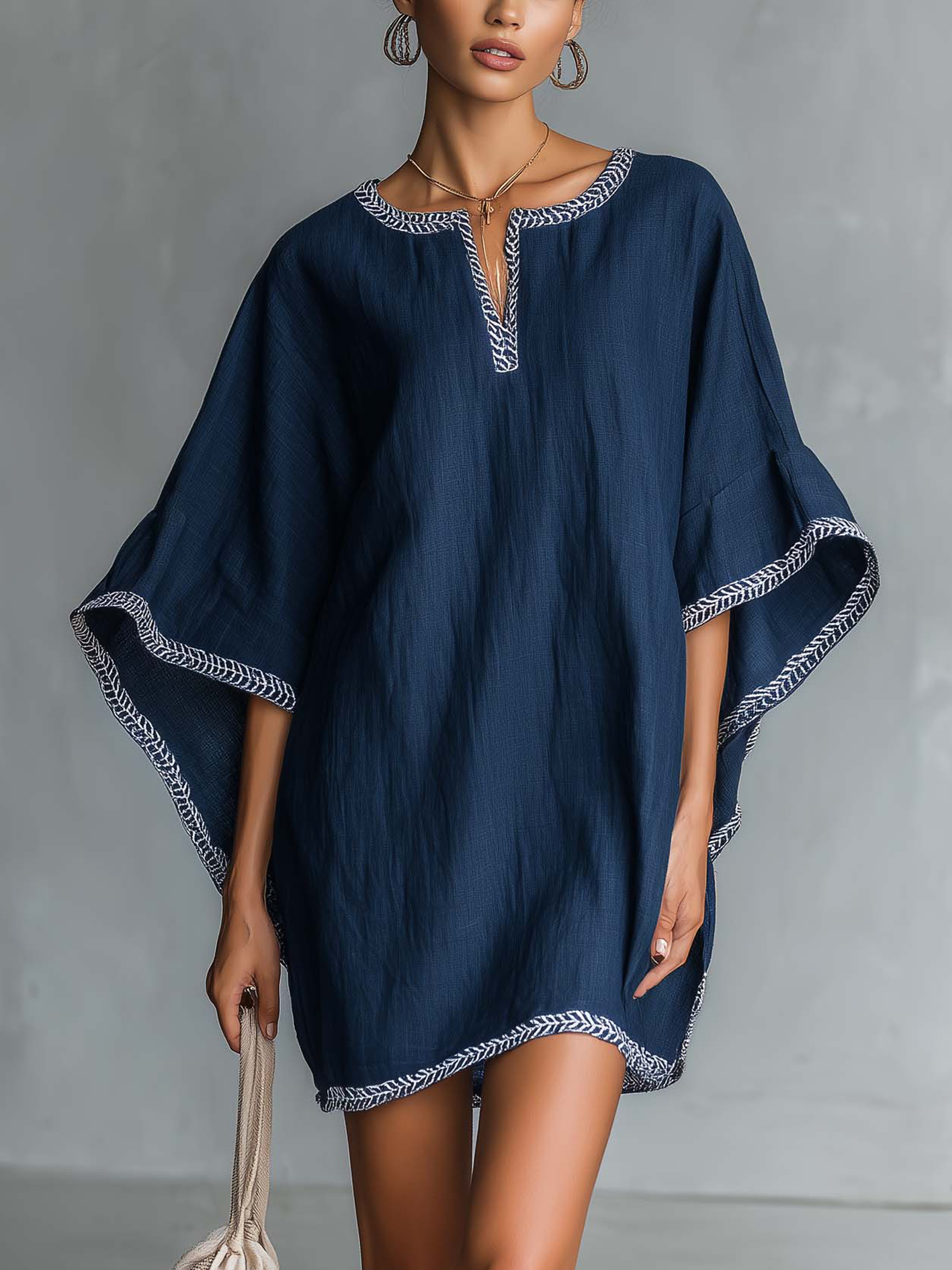 Navy Batwing Sleeve Mini Dress With Contrast Trim