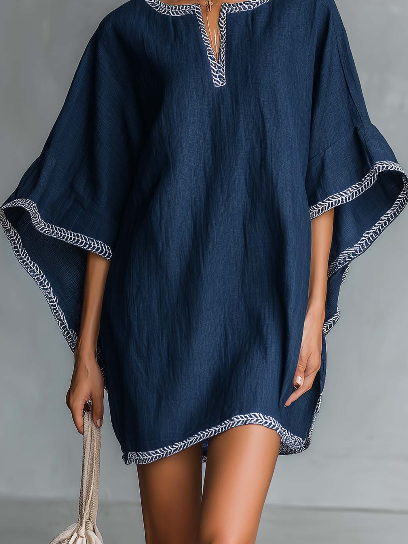 Navy Batwing Sleeve Mini Dress With Contrast Trim