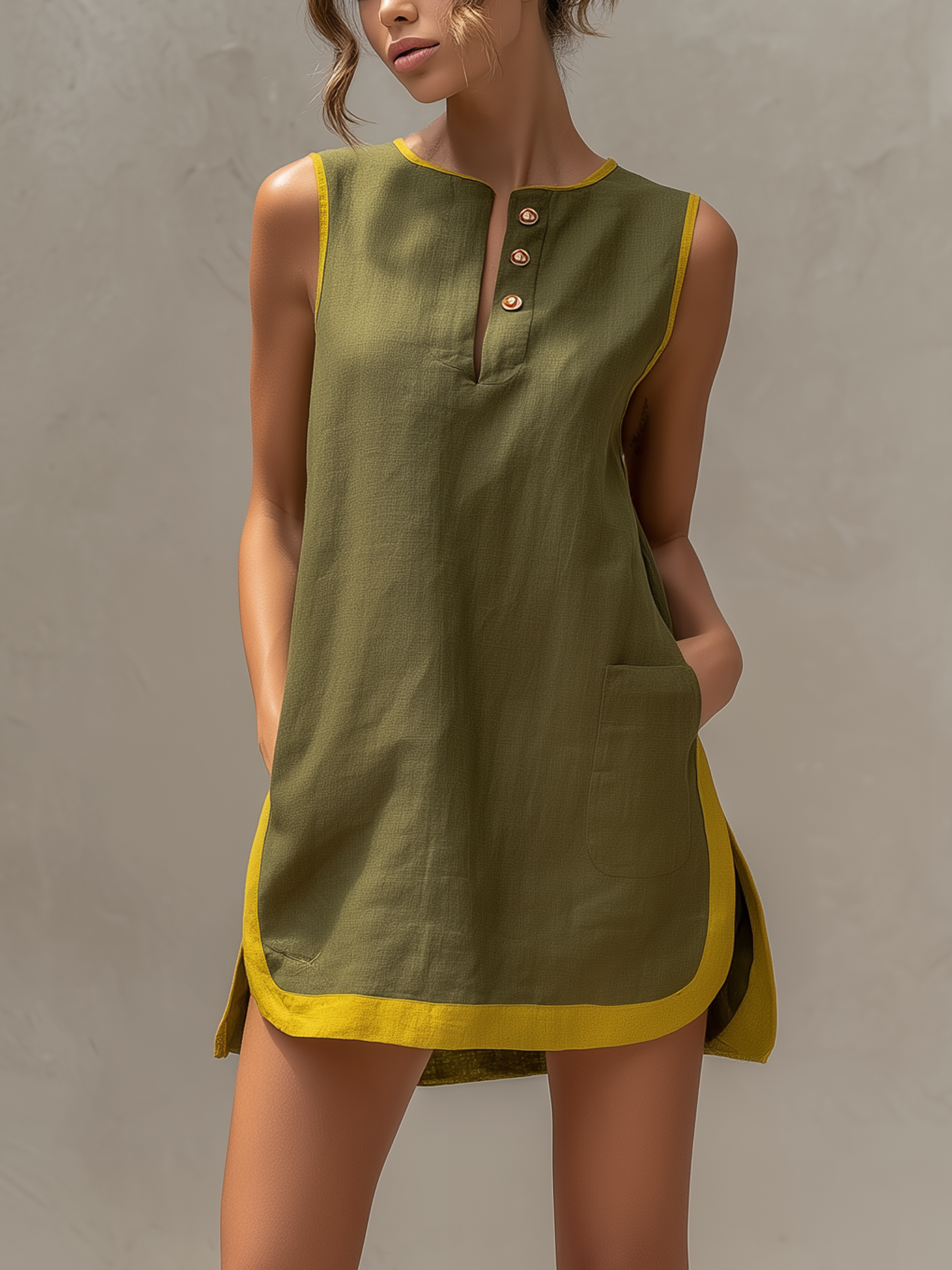Olive Green Sleeveless Cotton-Linen Colorblock Mini Dress With Yellow Trim