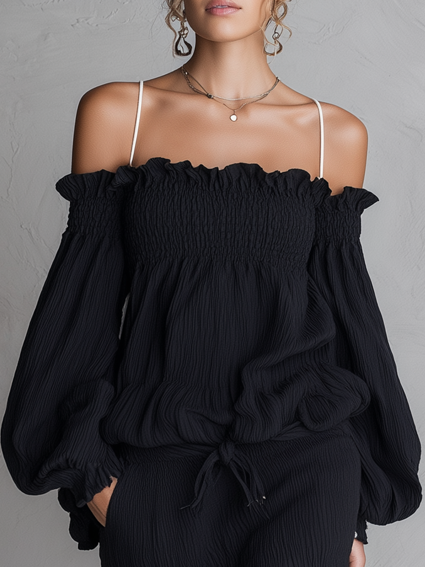 Off Shoulder Textured Black Mini Dress With Ruffled Sleeves And White Lace Hem