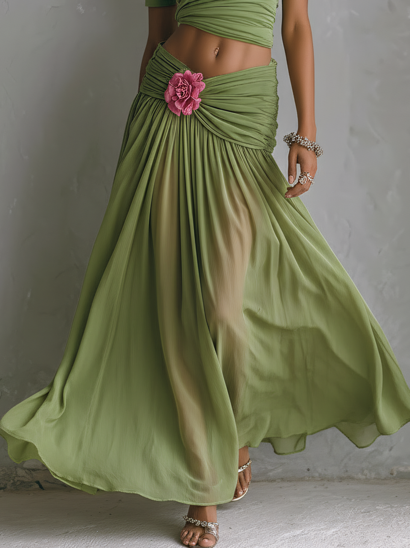 Green One Shoulder 3D Floral Chiffon Patchwork Top And Skirt Set