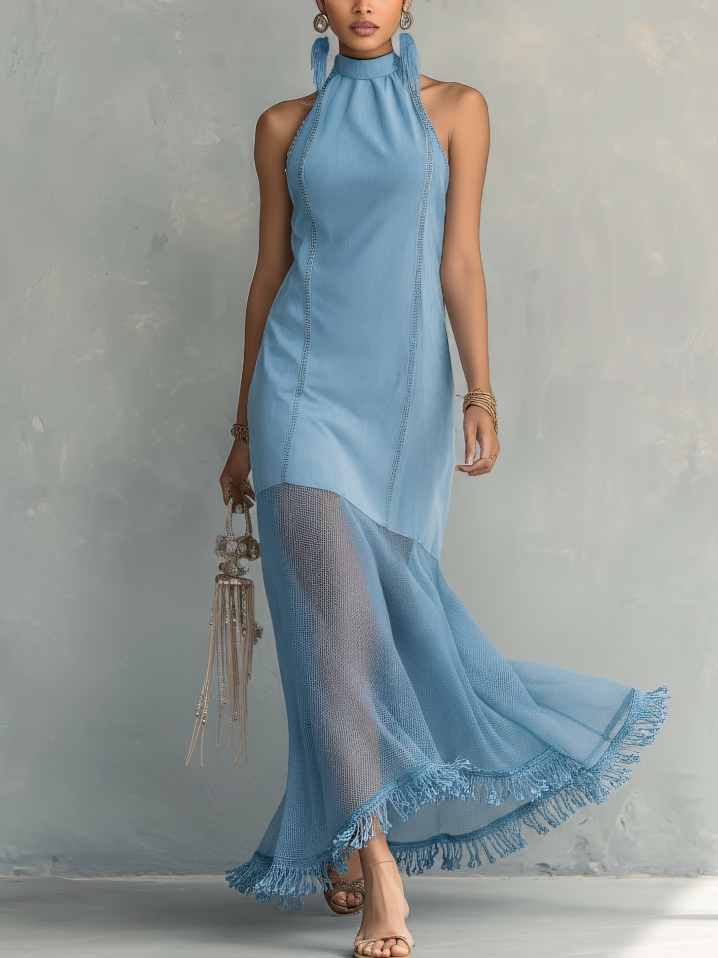 Light Blue Denim Patchwork Fringe Sleeveless Maxi Dress