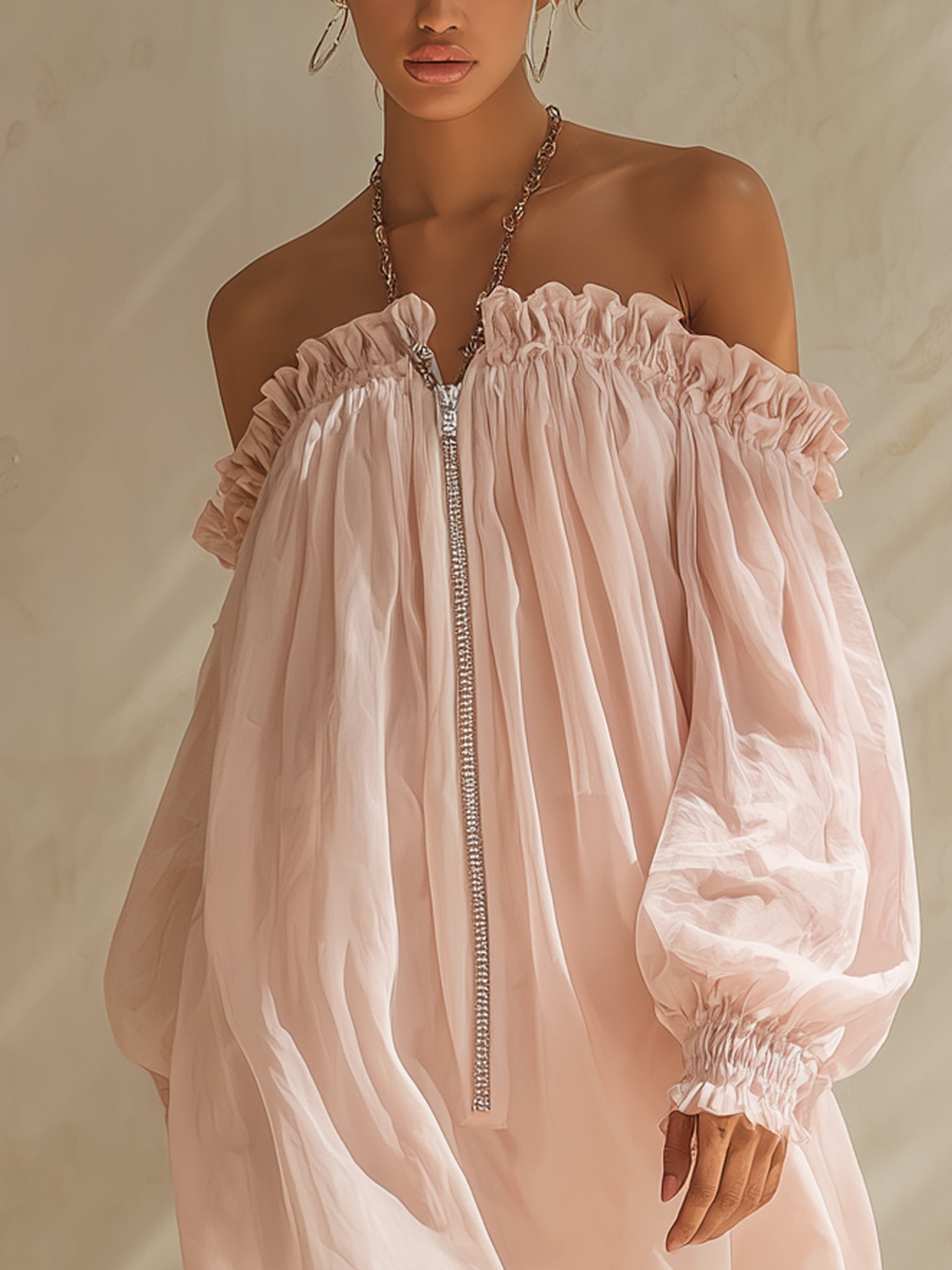 Pink Off Shoulder Convertible Halter Chiffon Mini Dress