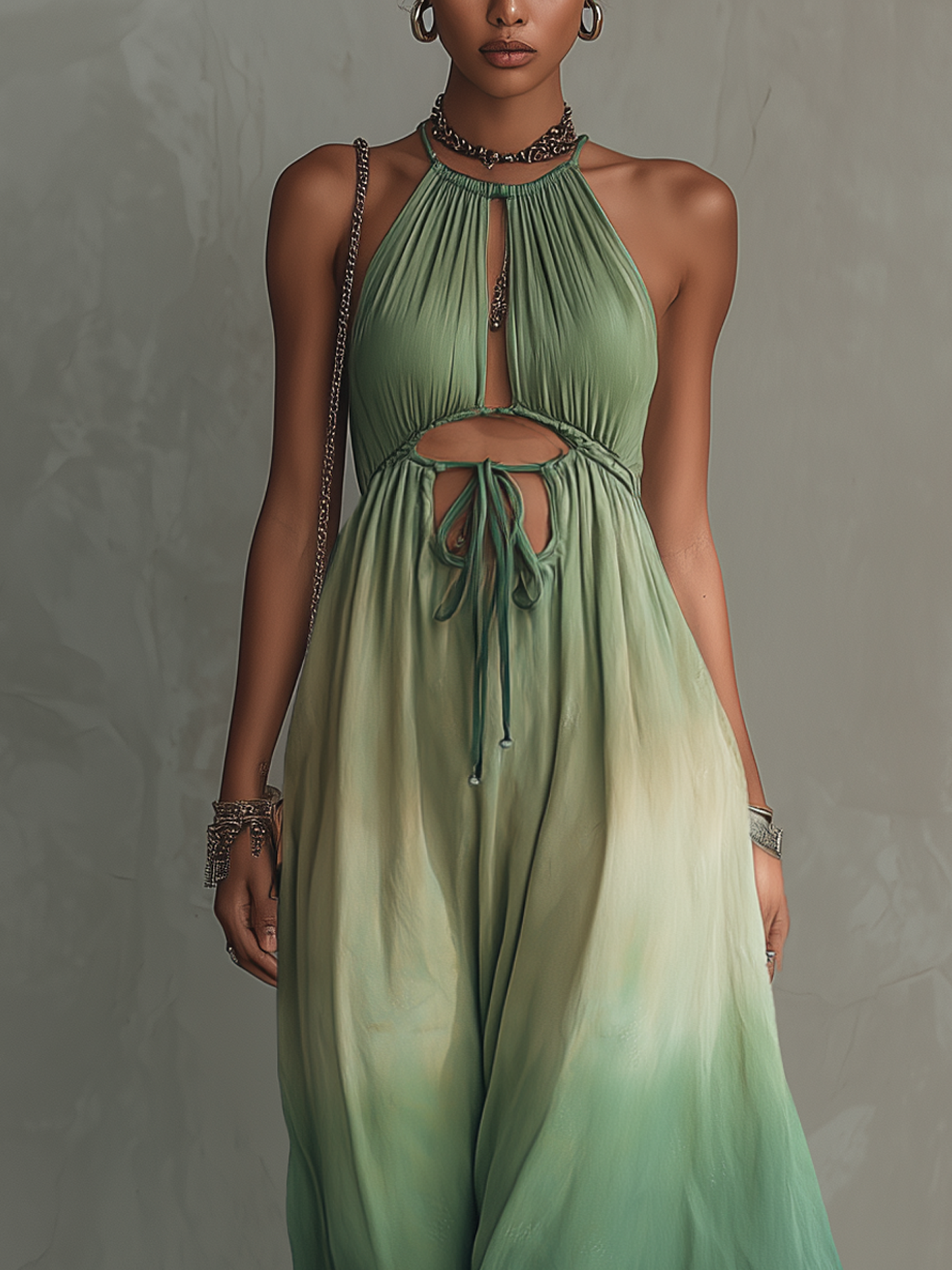 Gradient Green Cotton Linen Lace Cutout Maxi Dress