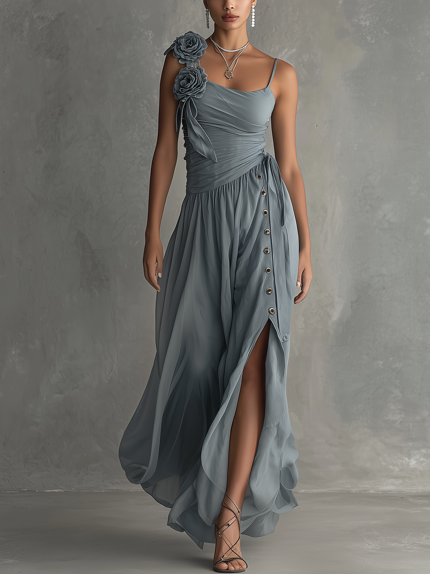 Smoky Blue 3D Floral Side Slit Chiffon Maxi Dress