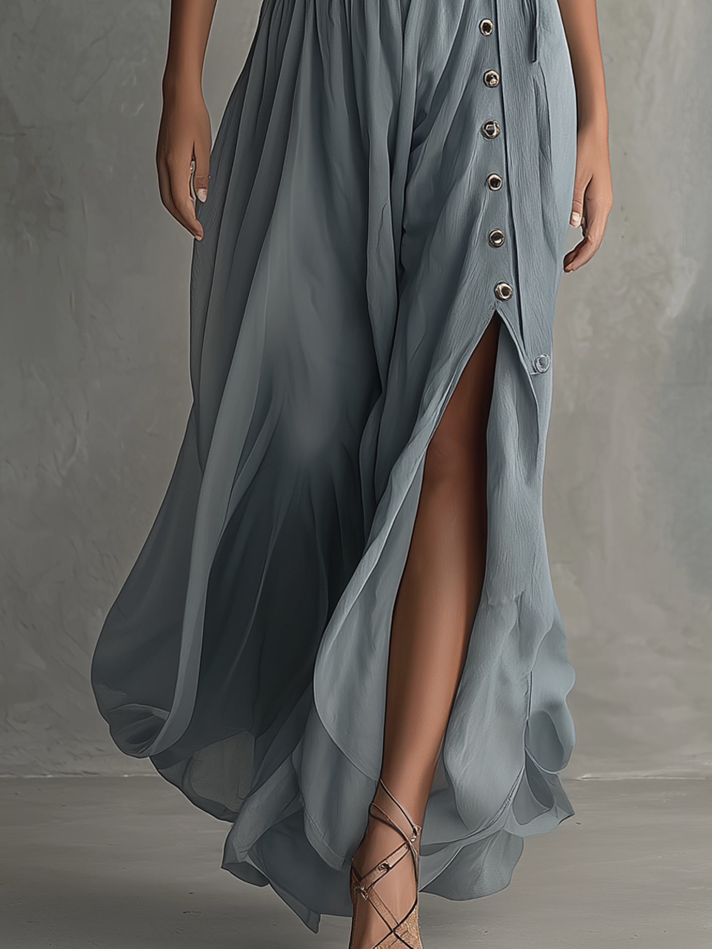 Smoky Blue 3D Floral Side Slit Chiffon Maxi Dress