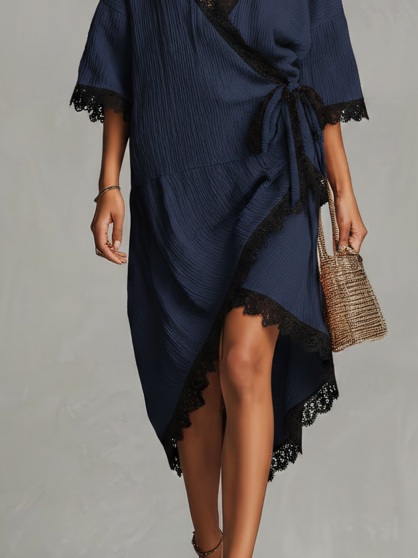 Navy Textured Lace Trim Wrap Midi Dress With Asymmetrical Hem