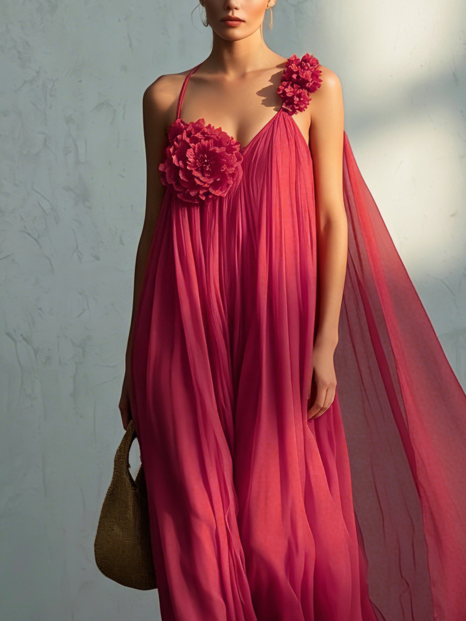 Fuchsia Sleeveless Chiffon Maxi Dress With 3D Floral