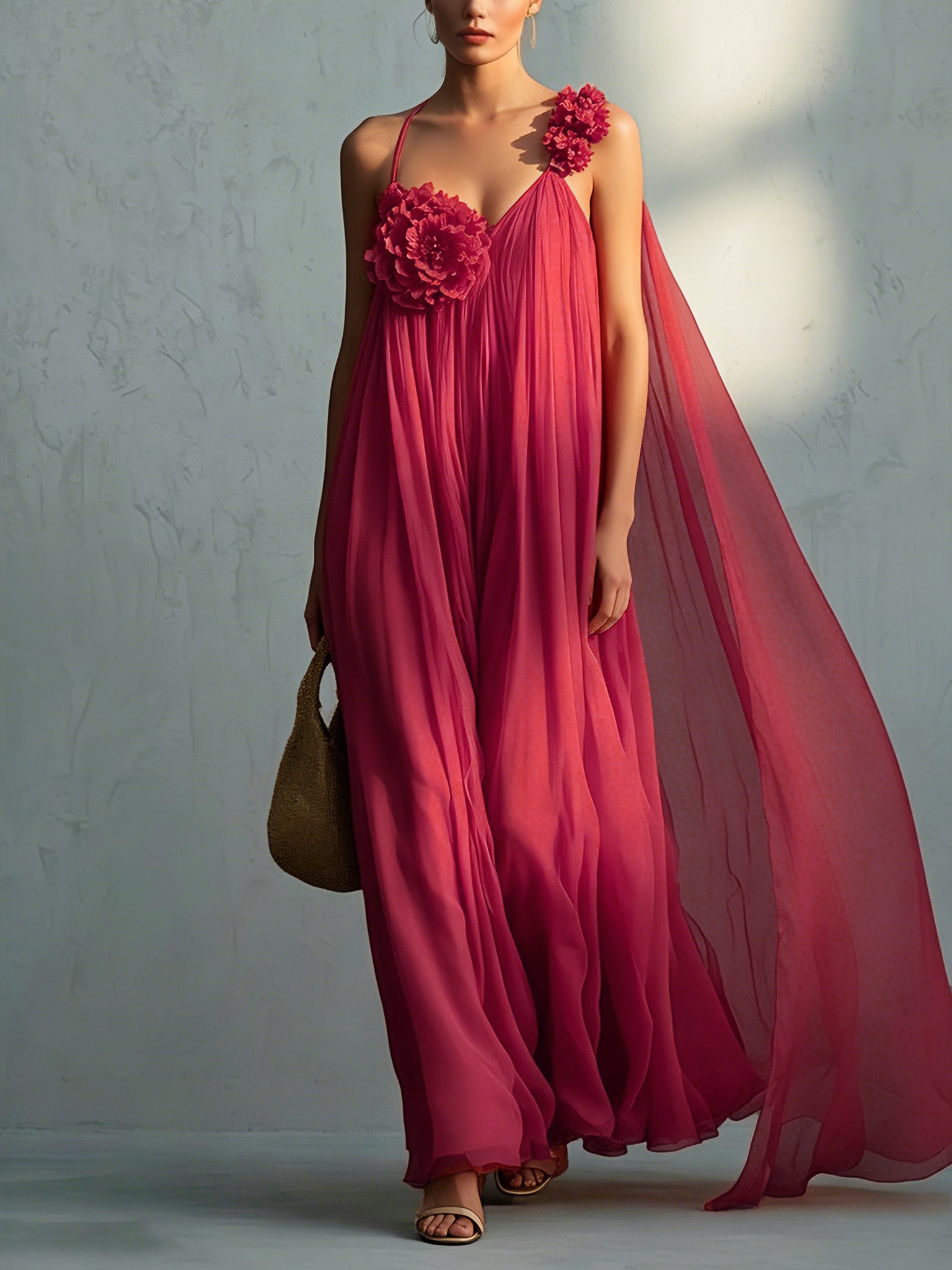 Fuchsia Sleeveless Chiffon Maxi Dress With 3D Floral