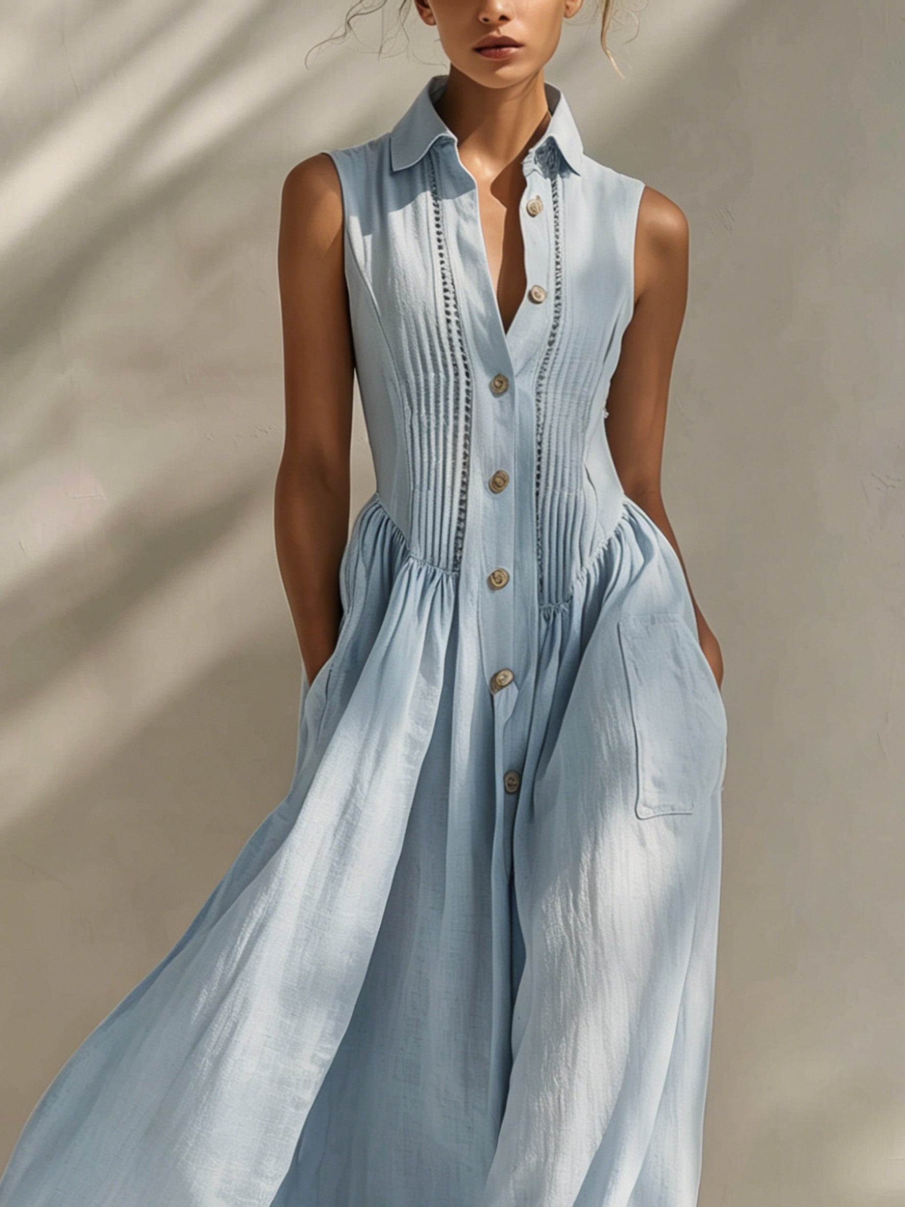 Sky Blue Linen Sleeveless Fringe Maxi Dress