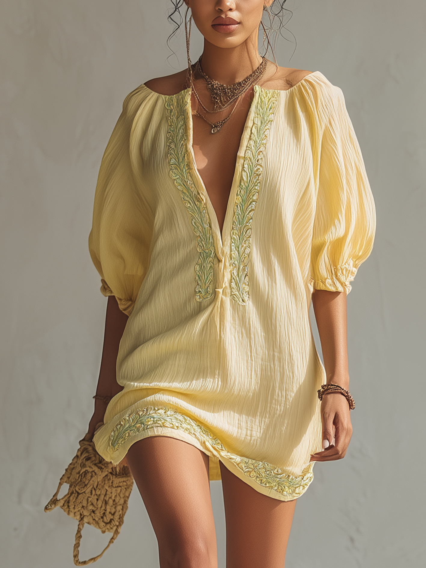 Vintage Embroidered Textured Light Yellow Mini Dress