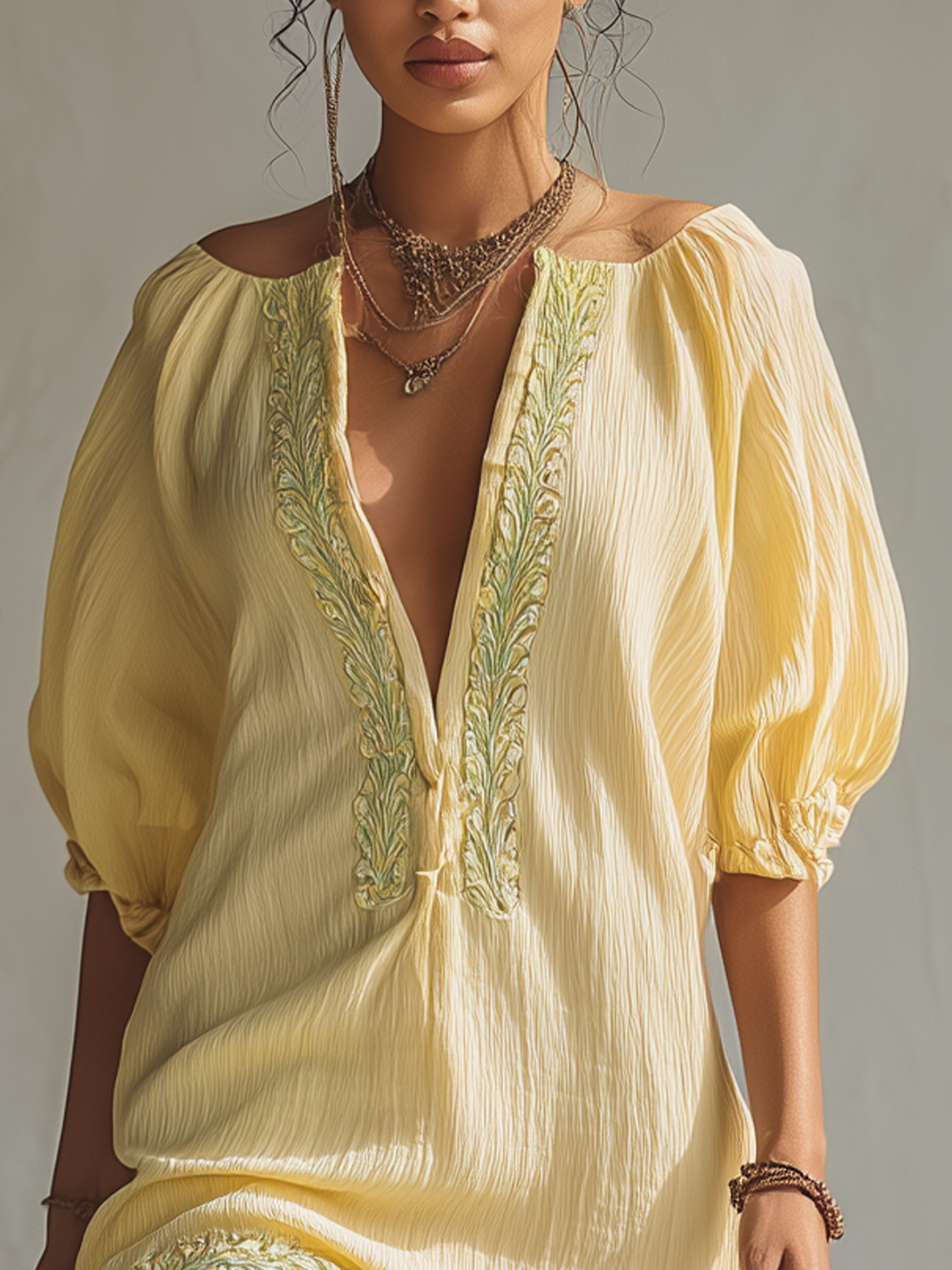 Vintage Embroidered Textured Light Yellow Mini Dress