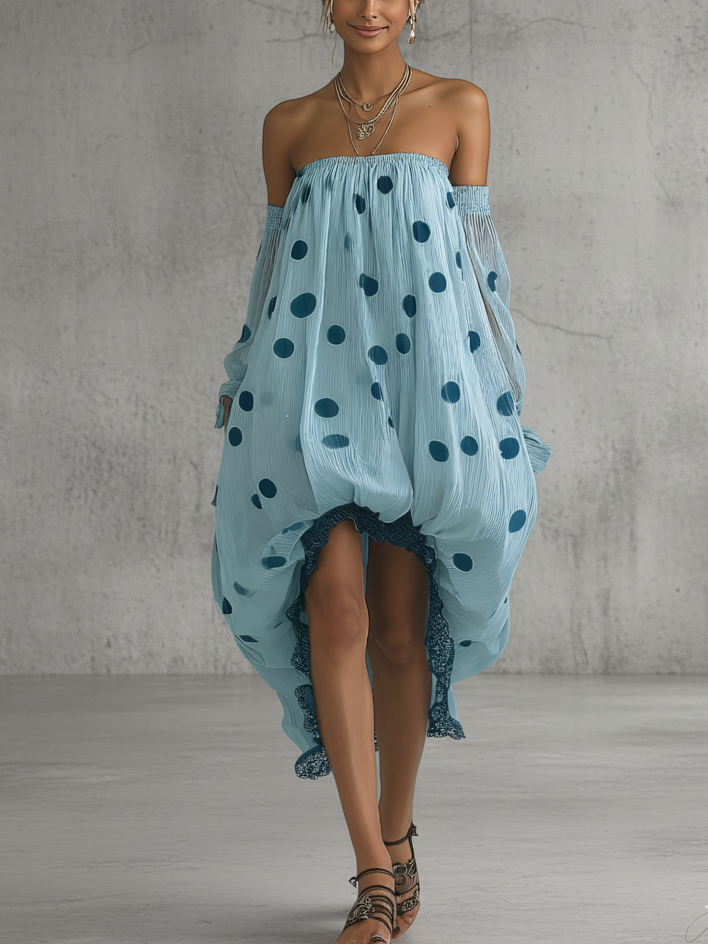 Sky Blue Off Shoulder Polka Dot Chiffon Midi Dress With Lace Trim