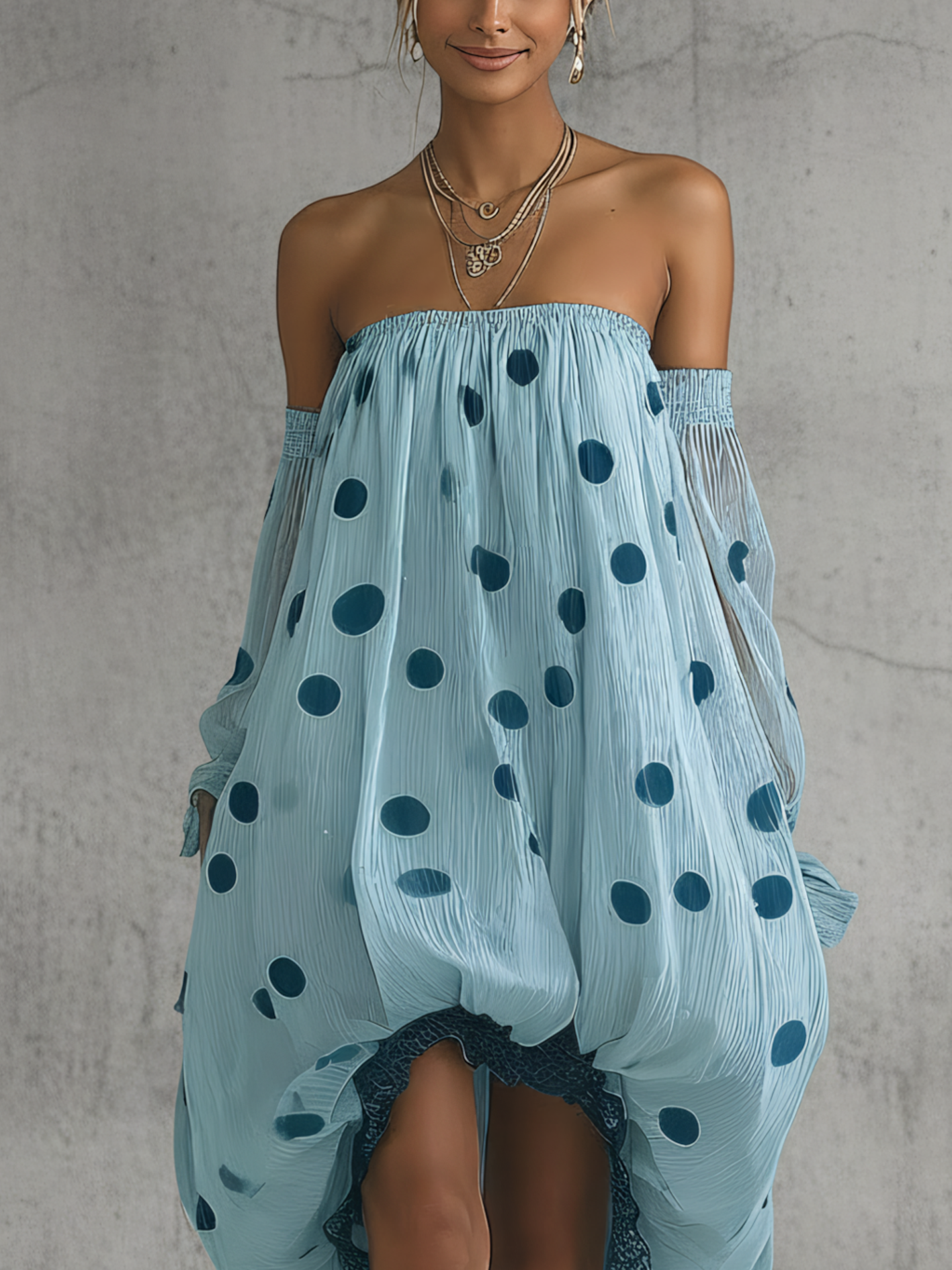 Sky Blue Off Shoulder Polka Dot Chiffon Midi Dress With Lace Trim