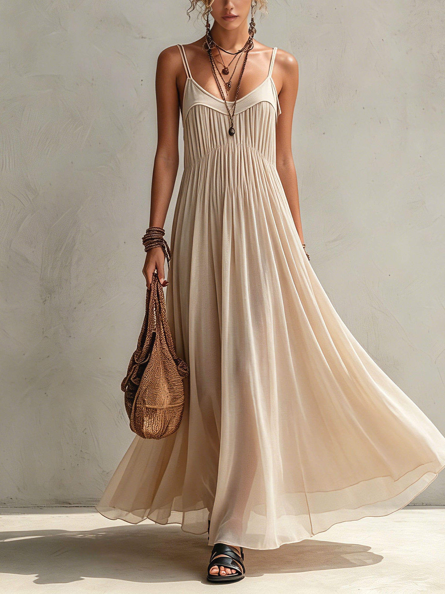 Oatmeal Sheer Chiffon Sleeveless Maxi Dress