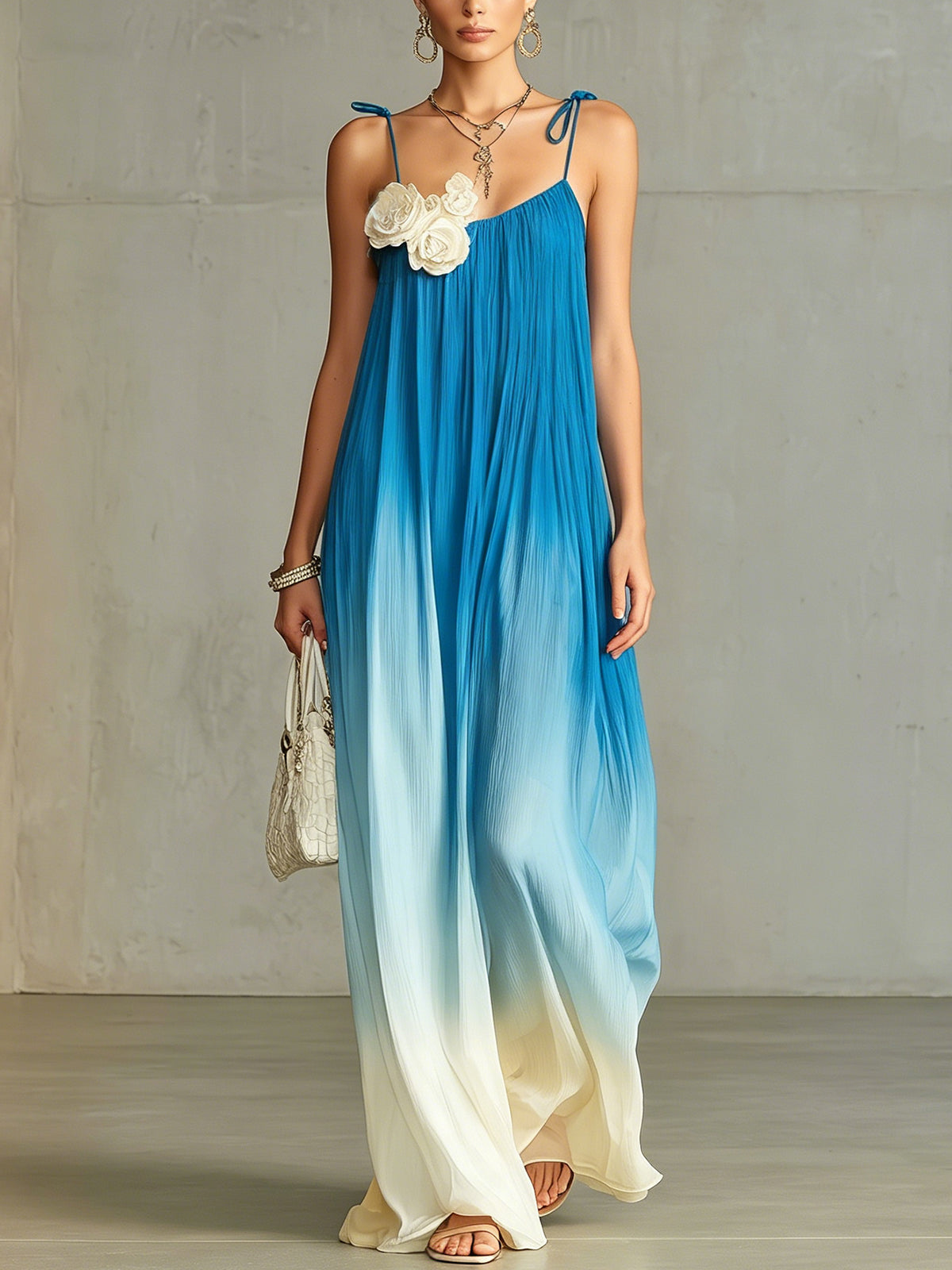 Blue Ombre Pleated Maxi Dress With Floral Appliqué