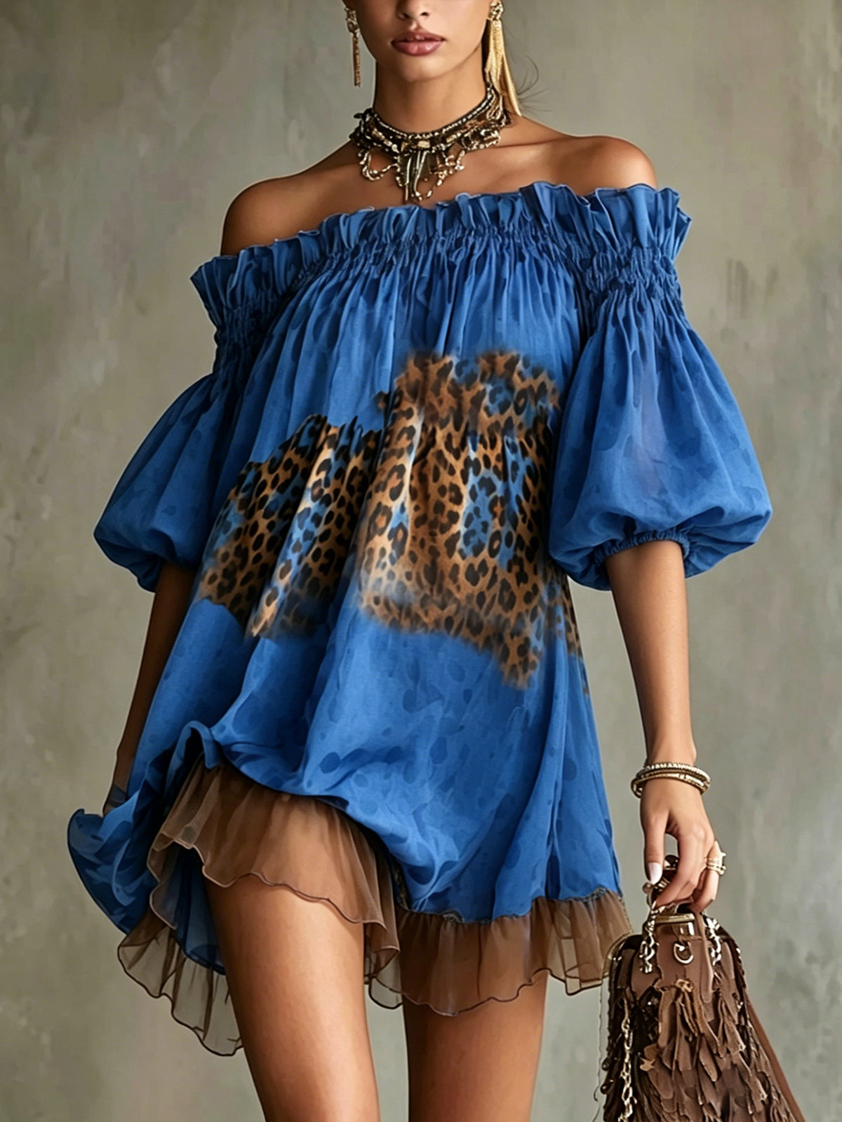 Blue Off-Shoulder Leopard Print Mini Dress With Ruffled Hem