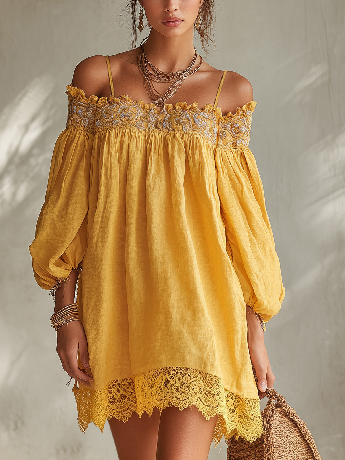 Yellow Off-Shoulder Mini Dress With Embroidered Bodice And Lace Hem
