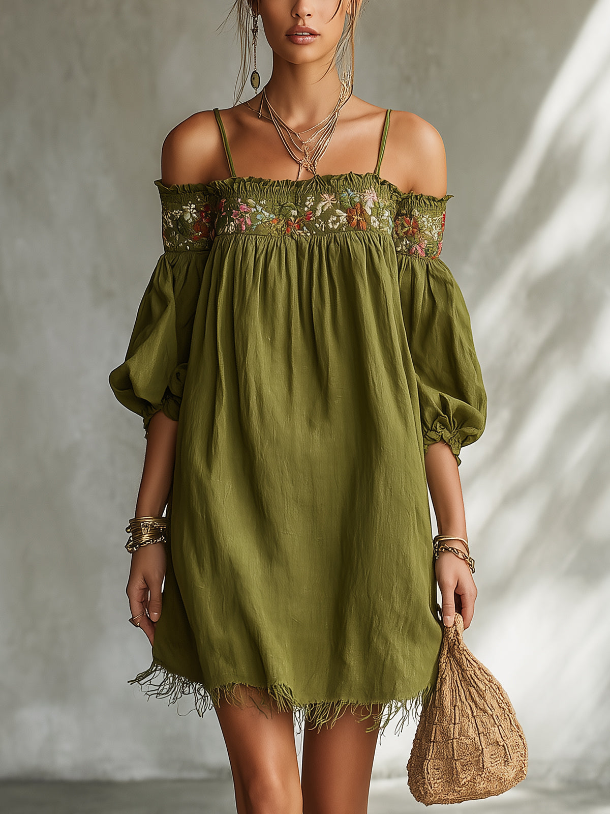 Olive Green Off-Shoulder Mini Dress With Floral Embroidery And Frayed Hem
