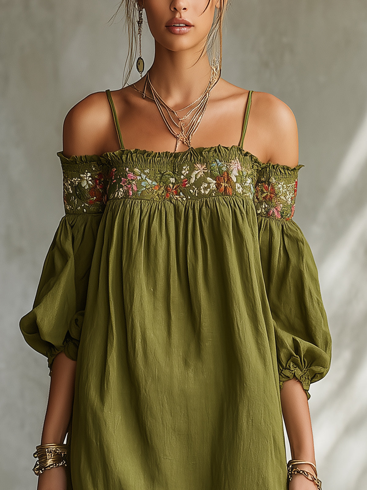 Olive Green Off-Shoulder Mini Dress With Floral Embroidery And Frayed Hem