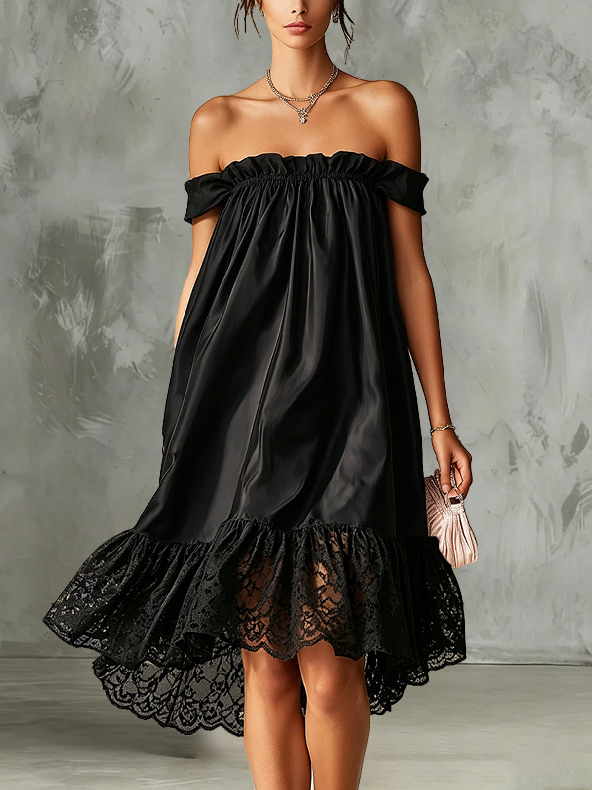 Black Off-Shoulder Satin Mini Dress With Lace Ruffle Hem