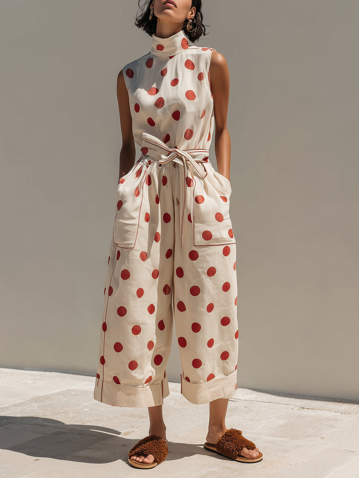 Beige Polka Dot Sleeveless Wide-Leg Jumpsuit With Belted Waist