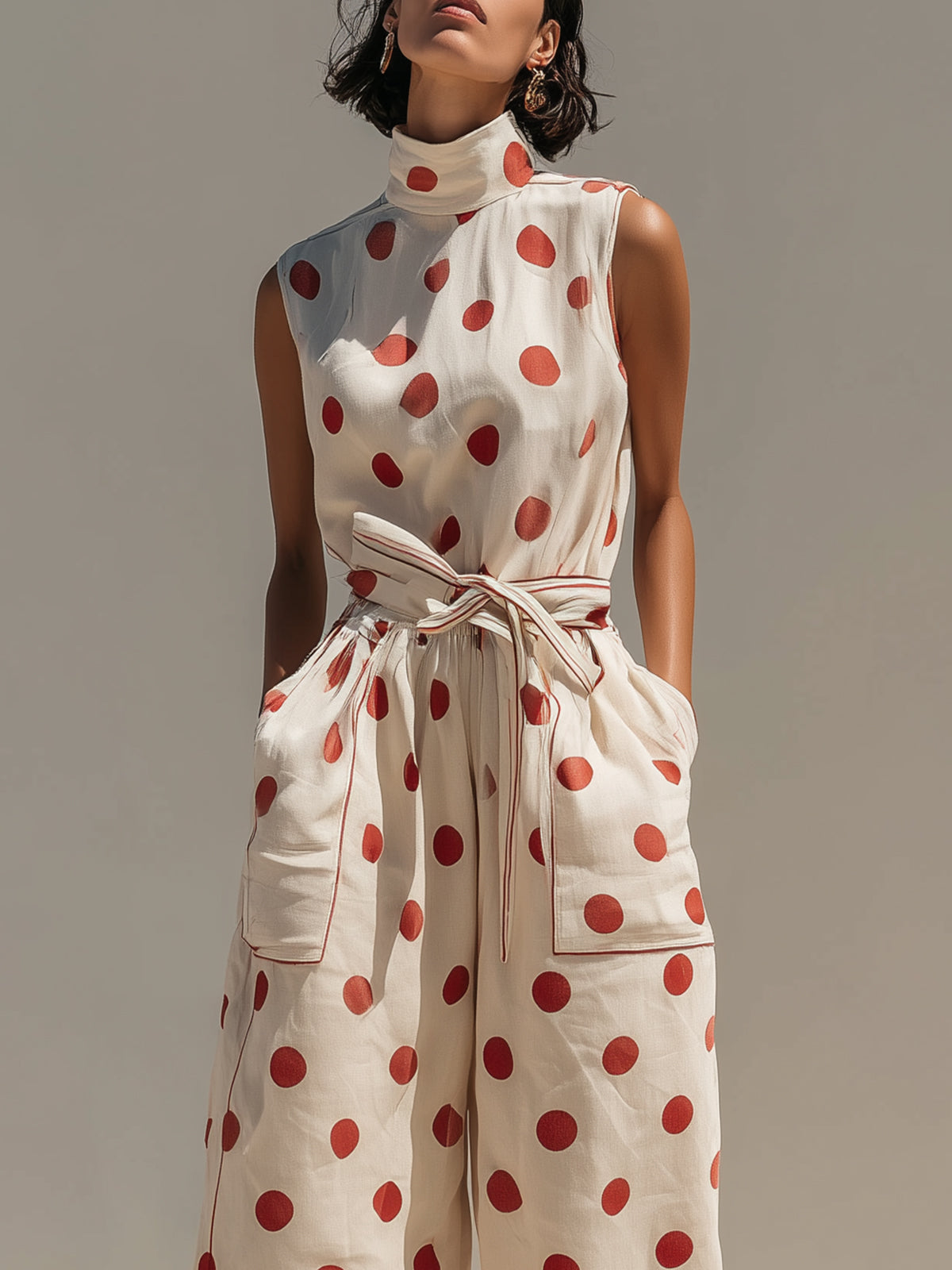 Beige Polka Dot Sleeveless Wide-Leg Jumpsuit With Belted Waist