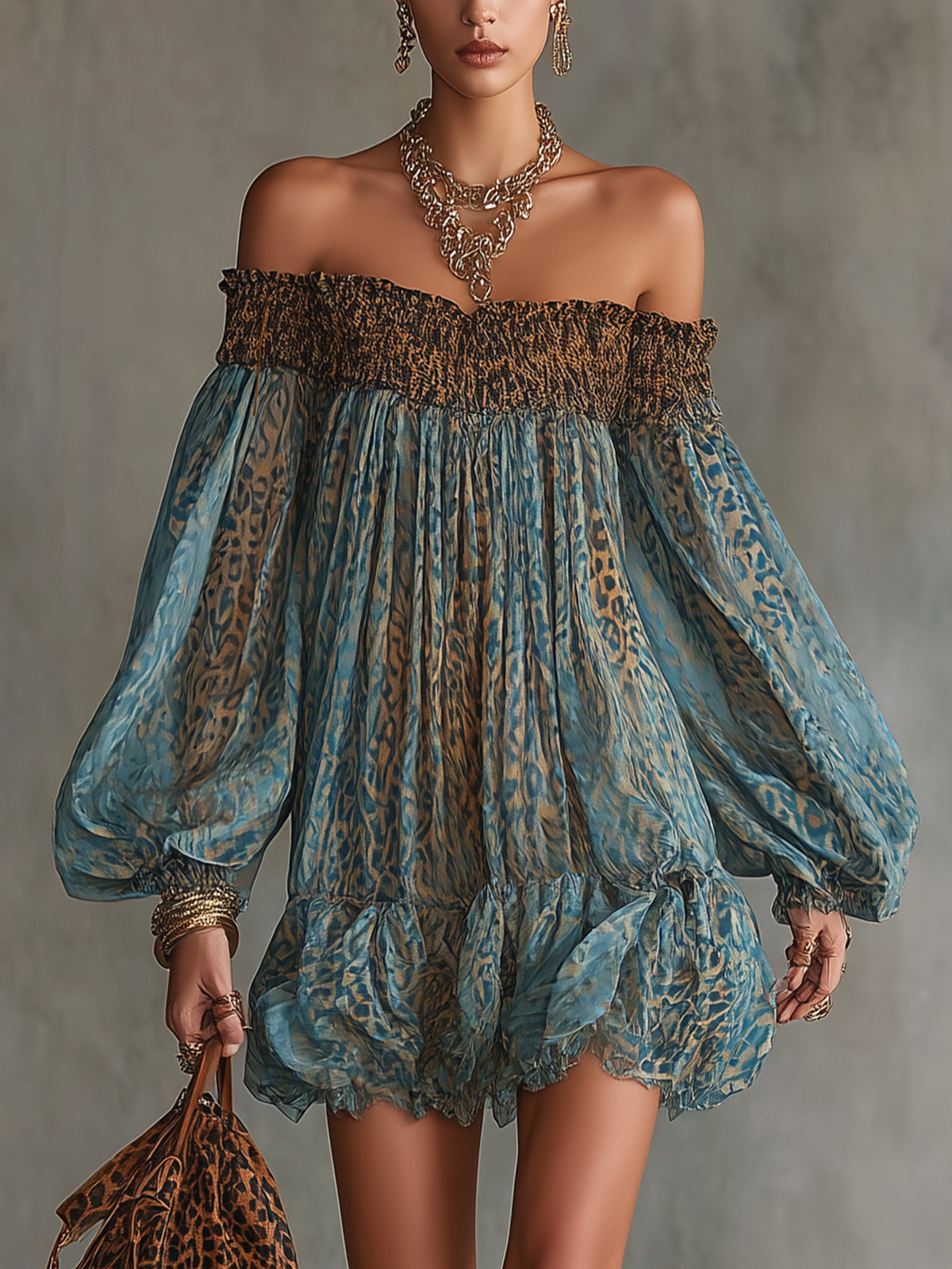 Blue Leopard Print Off-Shoulder Chiffon Mini Dress With Ruffled Hem