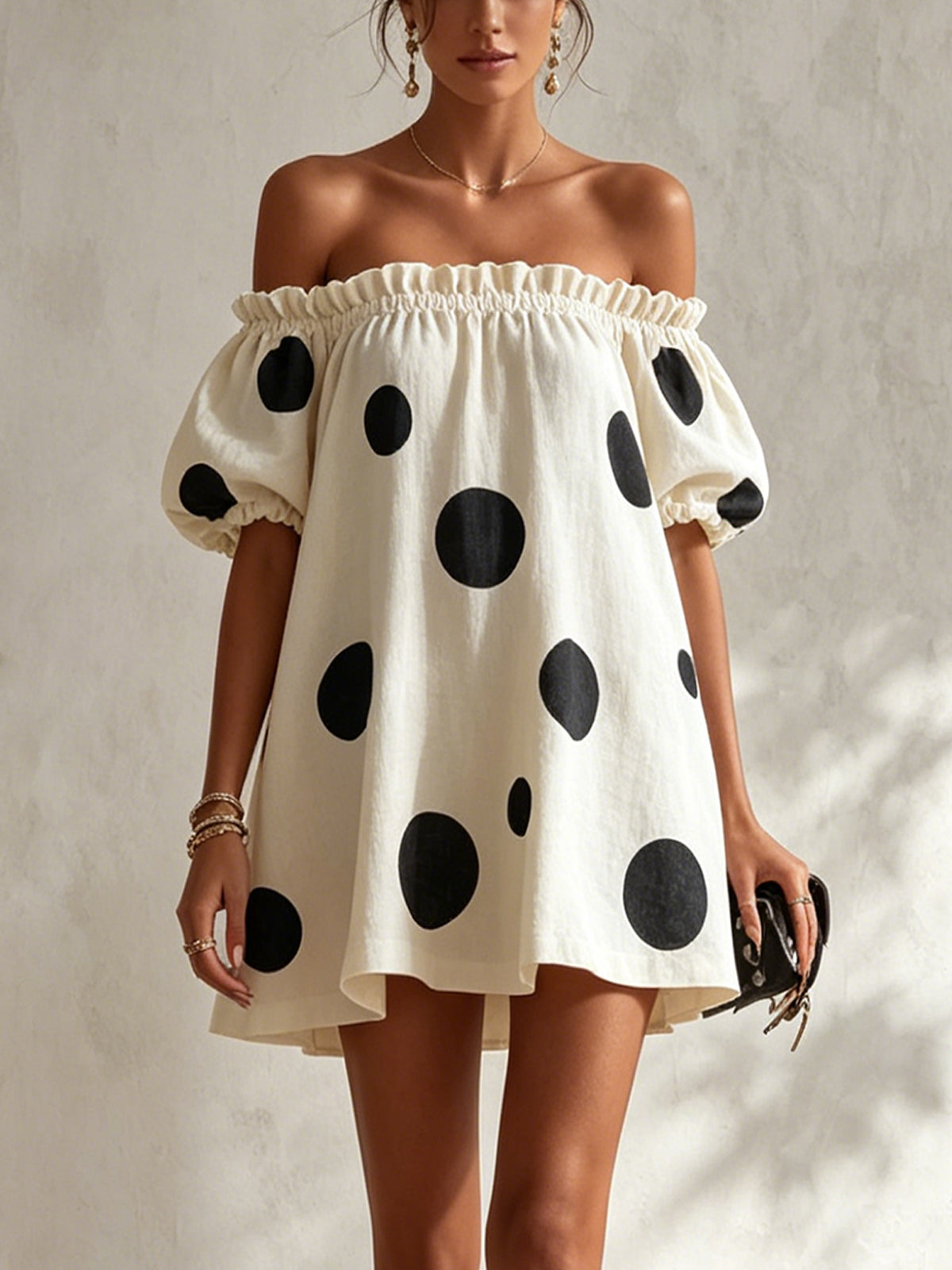 Off-Shoulder Polka Dot Mini Dress With Puff Sleeves