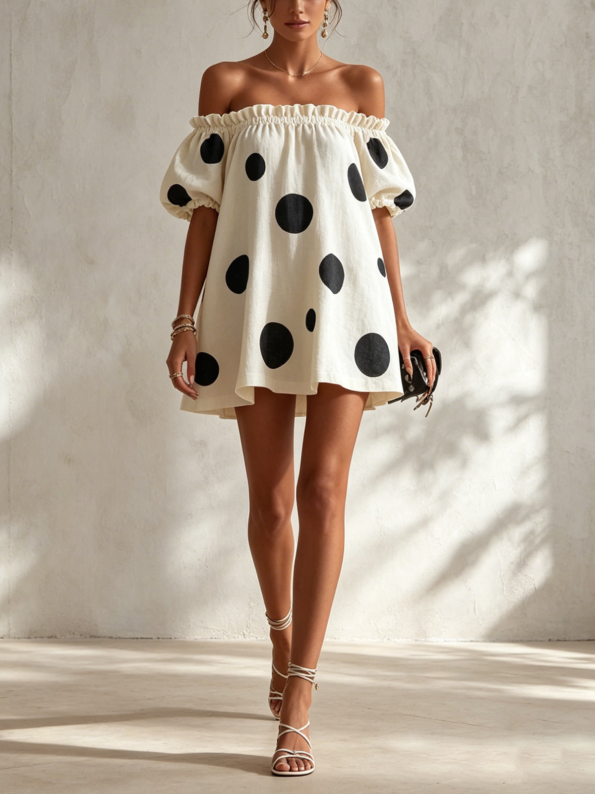 Off-Shoulder Polka Dot Mini Dress With Puff Sleeves
