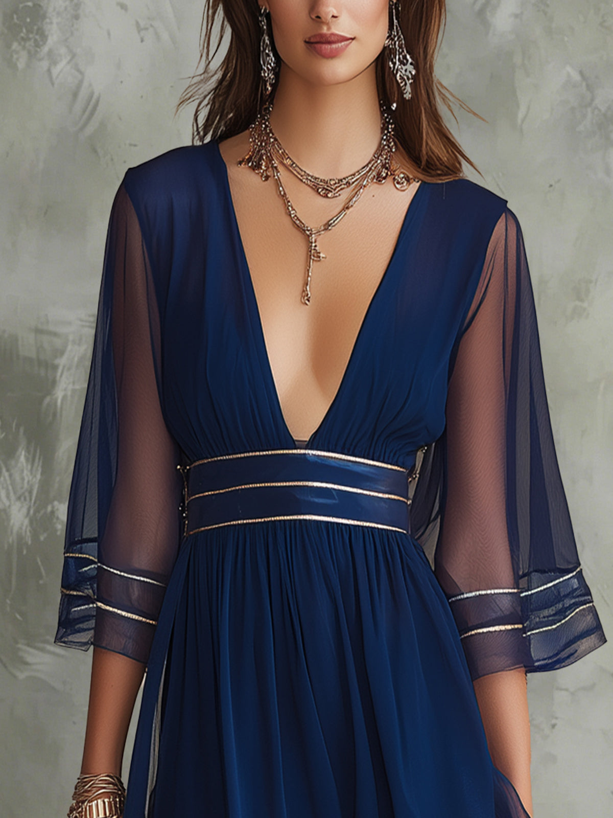 Navy Deep V-Neck Chiffon Mini Dress With Sheer Sleeves And Metallic Trim